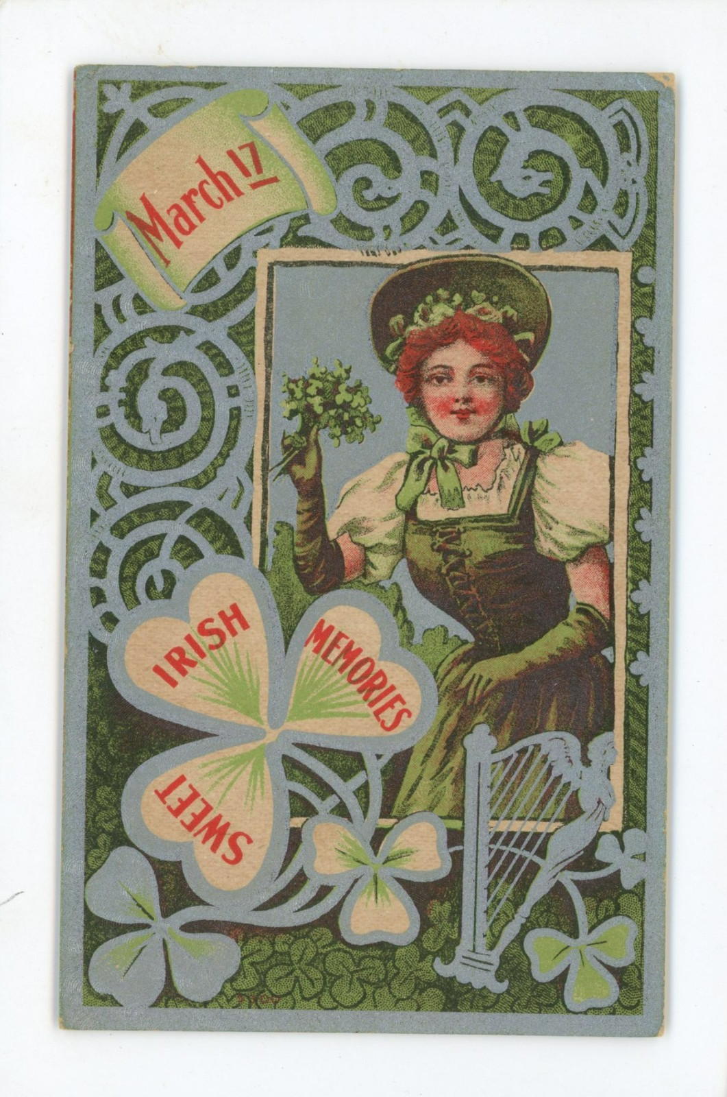 Vintage Postcard Holiday St Patrick's Woman Sweet Memories Unposted Shamrocks