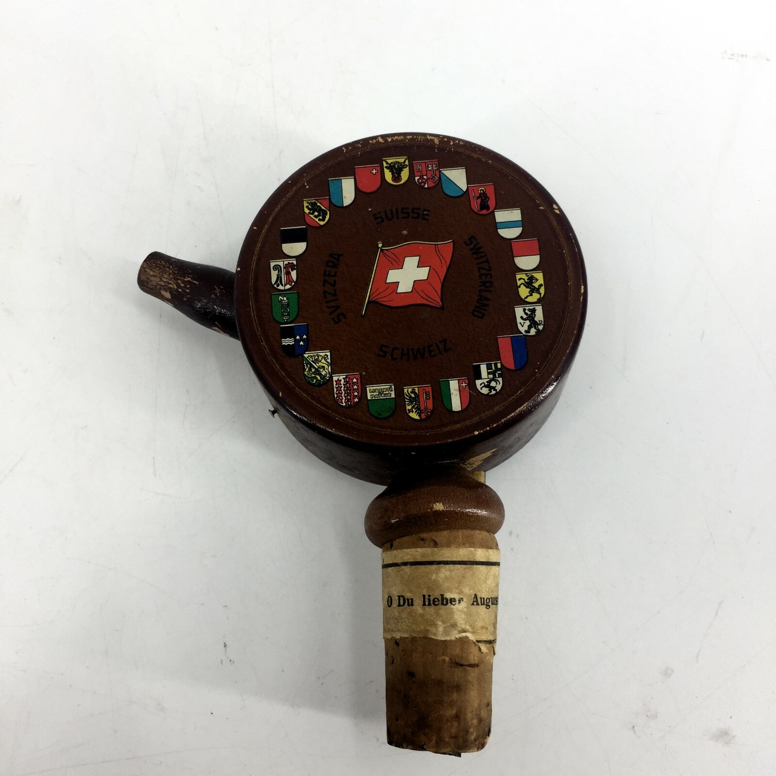 Vintage Swiss Wine Pourer Stopper Cork Music Box Plays O Du Heber Augustin