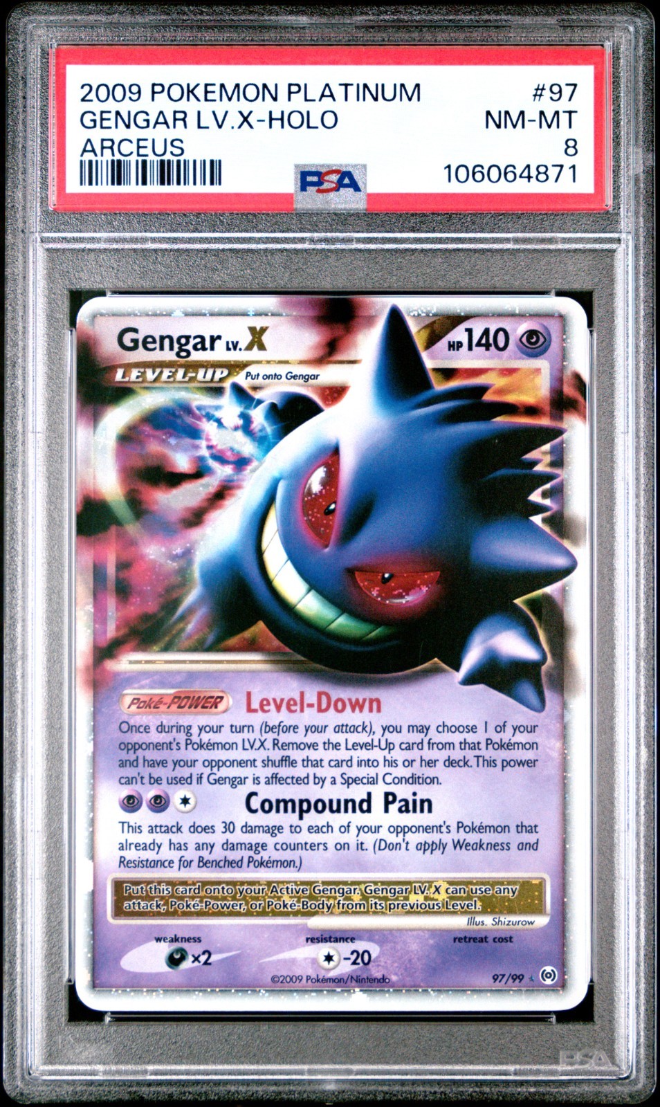 2009 POKEMON PLATINUM ARCEUS #97 GENGAR LV.X-HOLO PSA 8