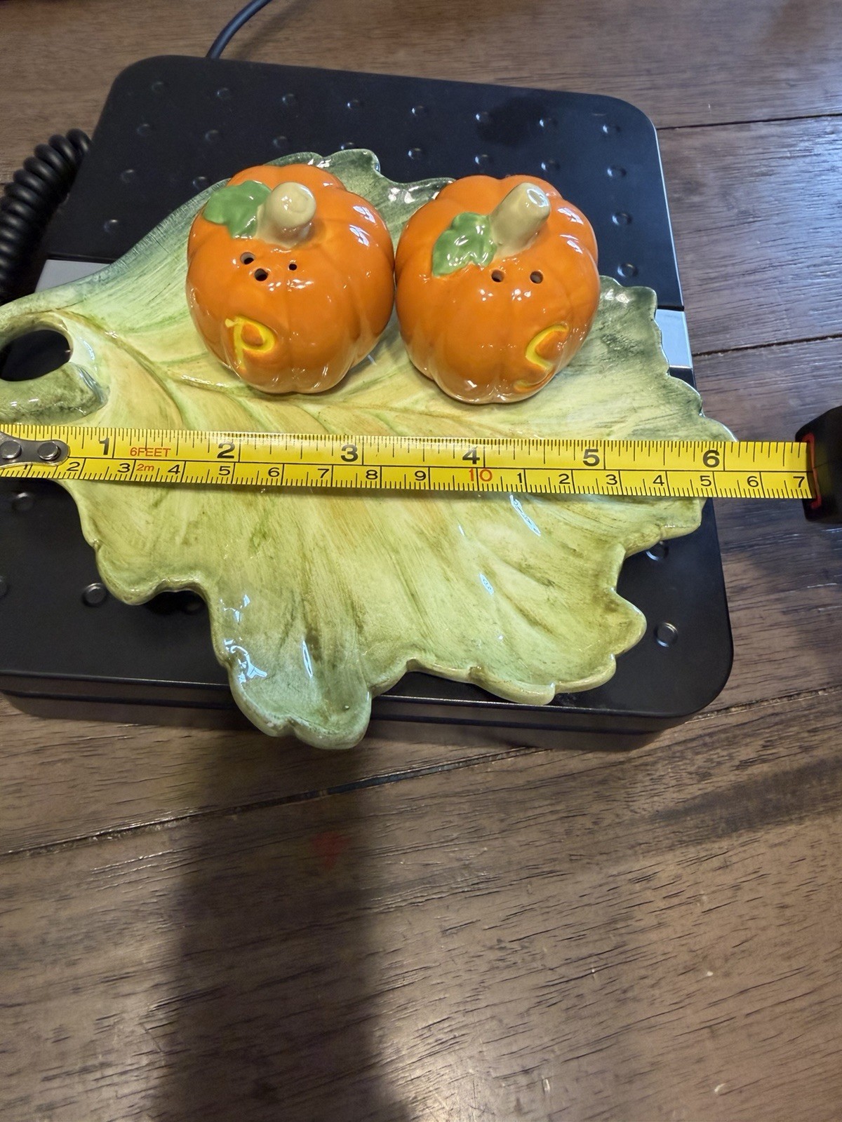 Vintage Ceramic Pumpkin Salt& Pepper Shares With Leaf Tray