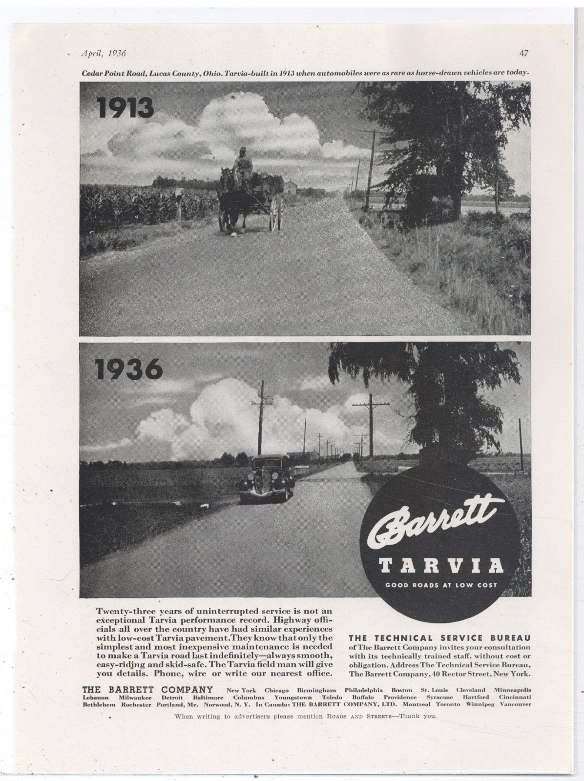 1936 Tarvia Ad: Cedar Point Road, Lucas County OhiO 1913 & 1936 Pictures