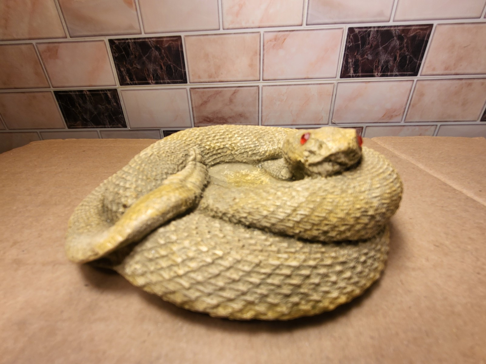 Vtg Rattlesnake Chalkware Coin Dish/ Ashtray W/Red Eyes 4.5\