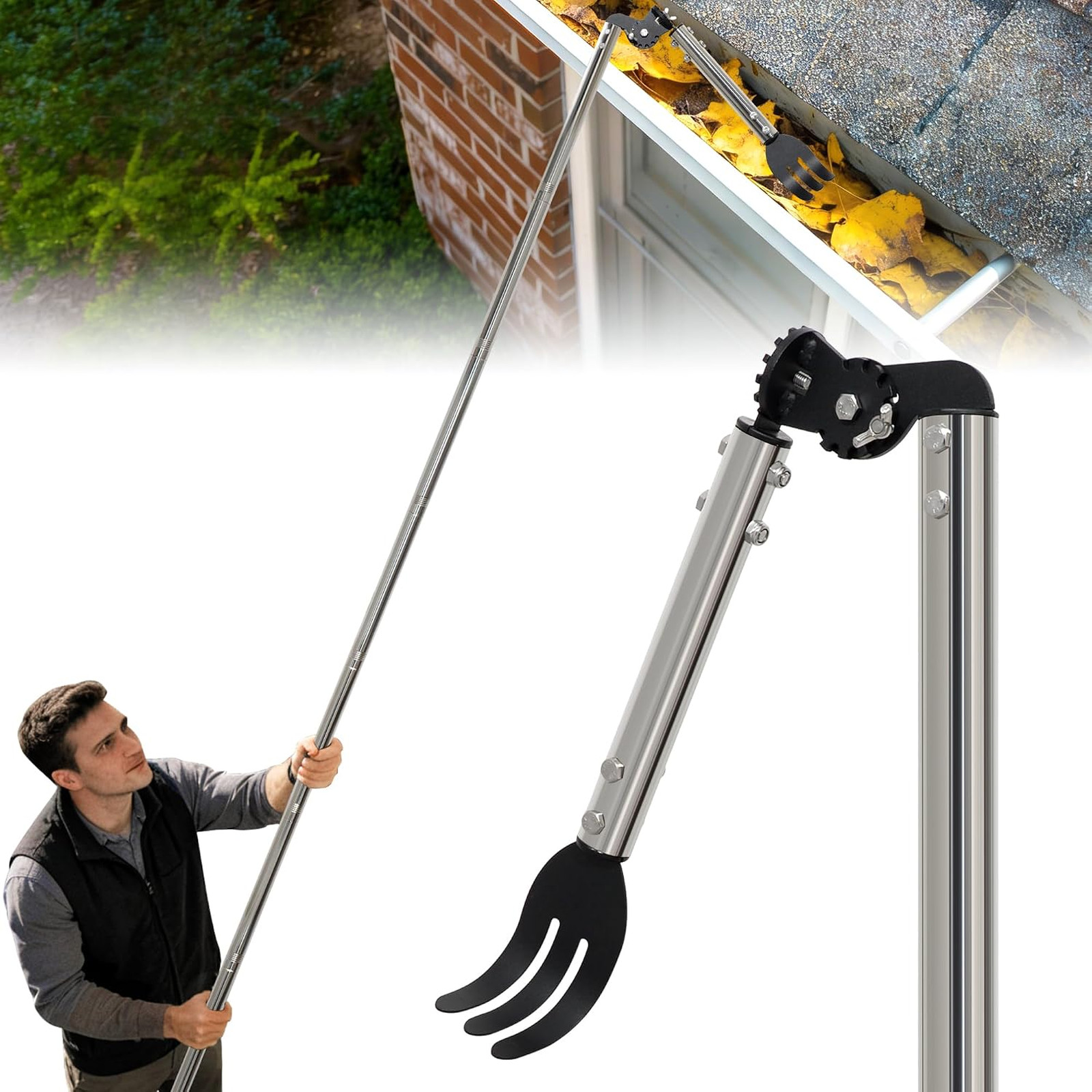 12FT Gutter Cleaning Tool from Ground with Dual-Axis Adjustment, Spring Steel 12FT Gutter Cleaning Tool from Ground with Dual-Axis Adjustment, Spring Steel