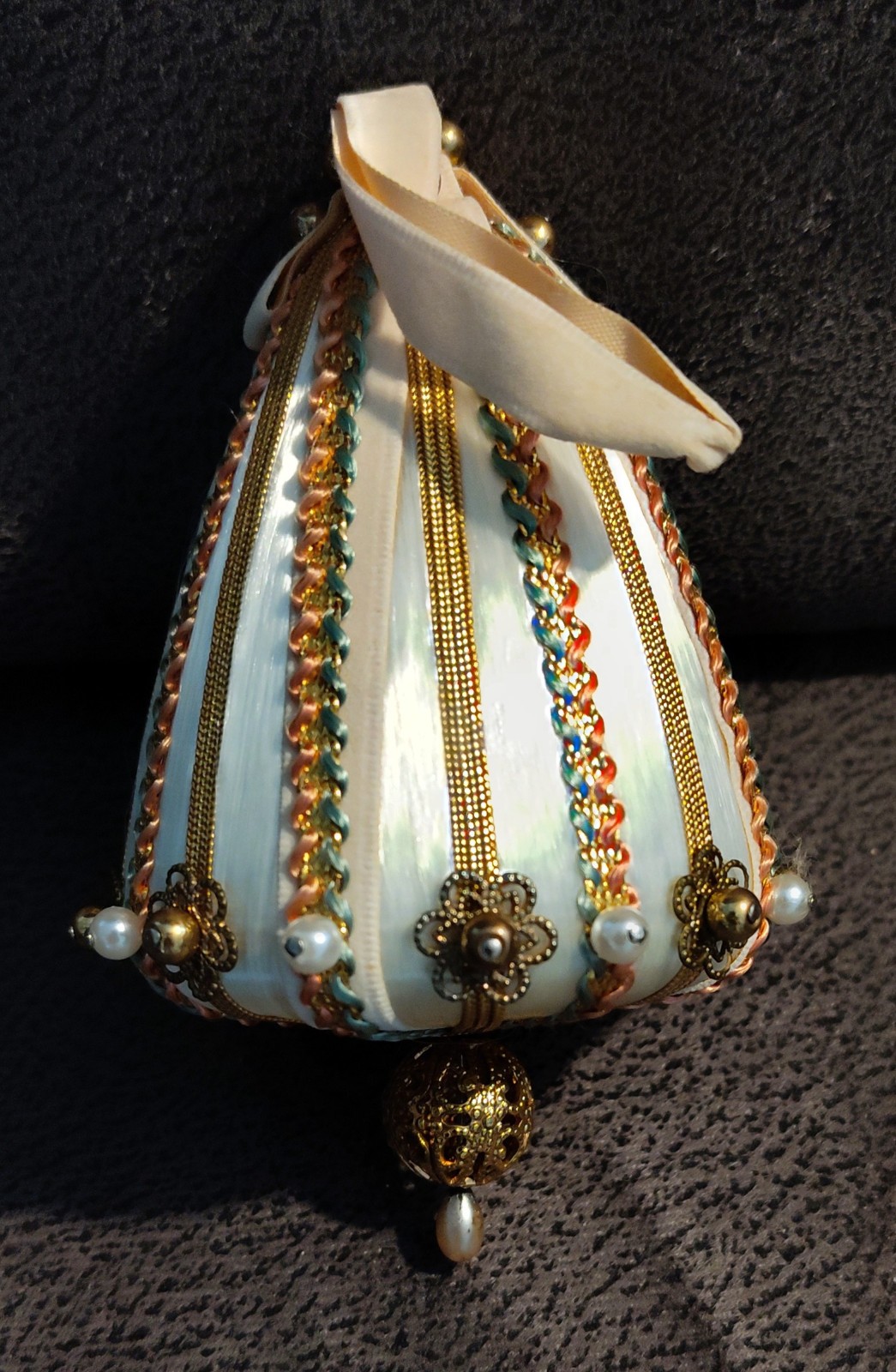 Vintage Push Pin Victorian Ornament White /Gold Satin Velvet Egg Sequin Beaded