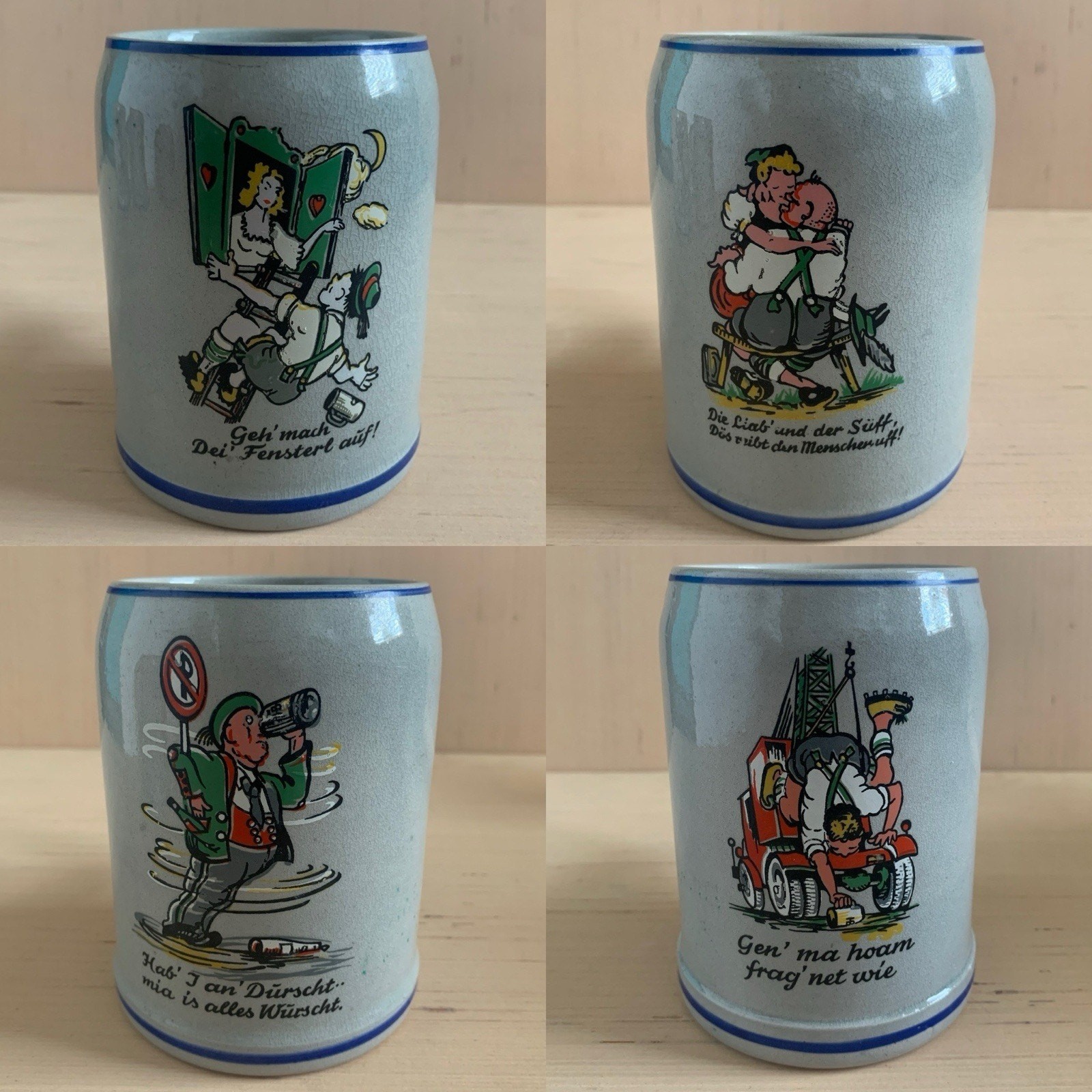 Set Of 4 Vintage German Mug/Steins Stoneware Pottery With Traditional Images