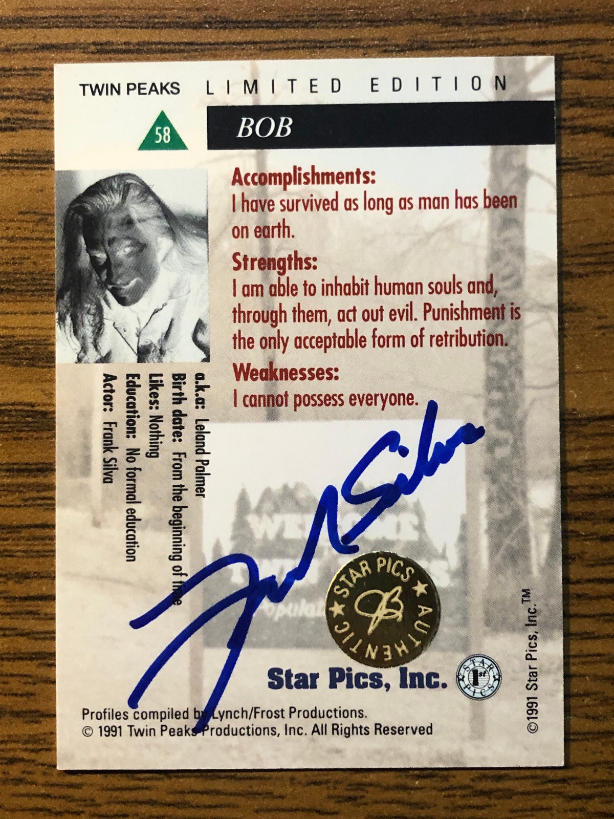 1991 Star Pics Twin Peaks FRANK SILVA Killer Bob Autographed card VERY RARE