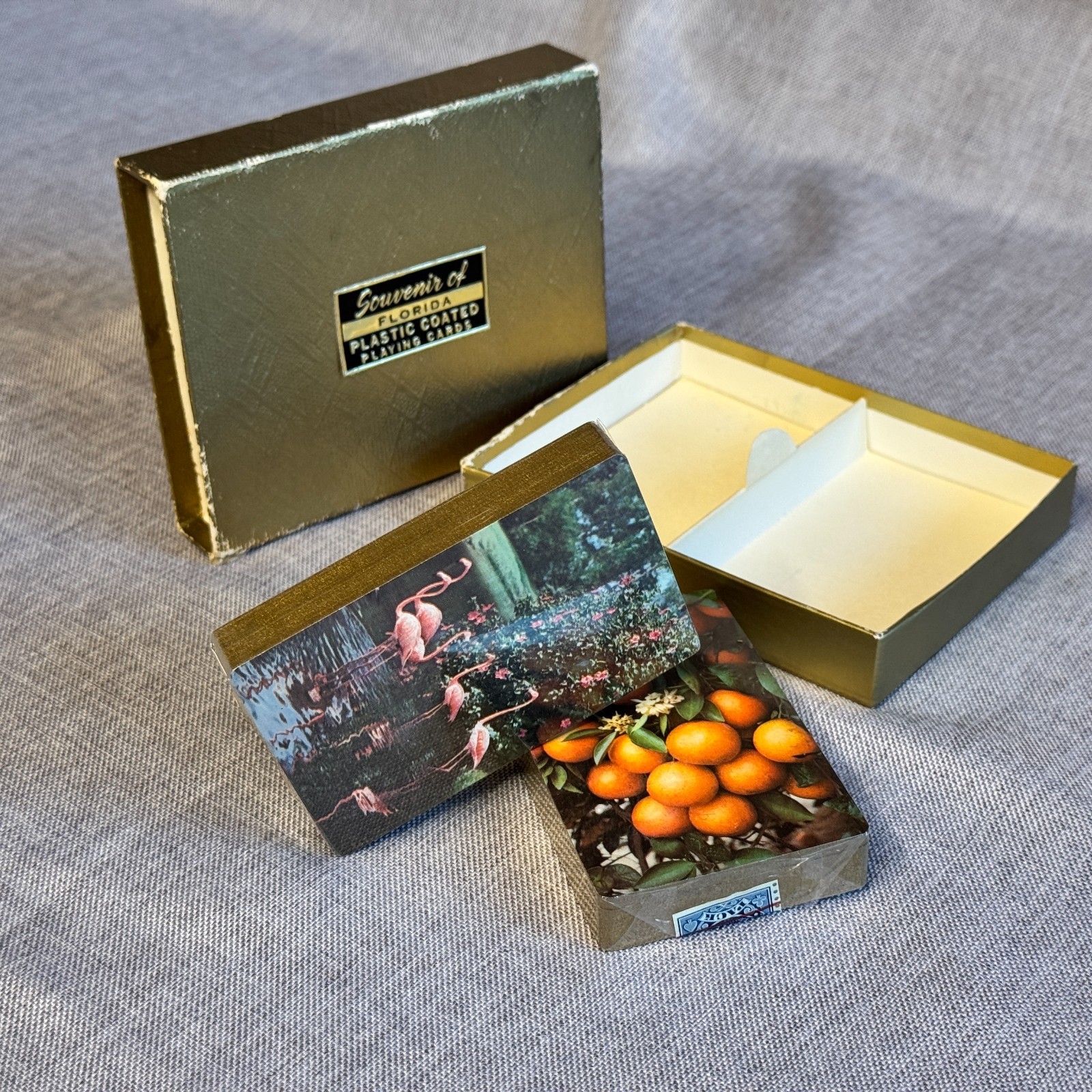 Vintage Mid Century Florida Souvenir Playing Cards 2 Decks Boxed Flamingo Orange