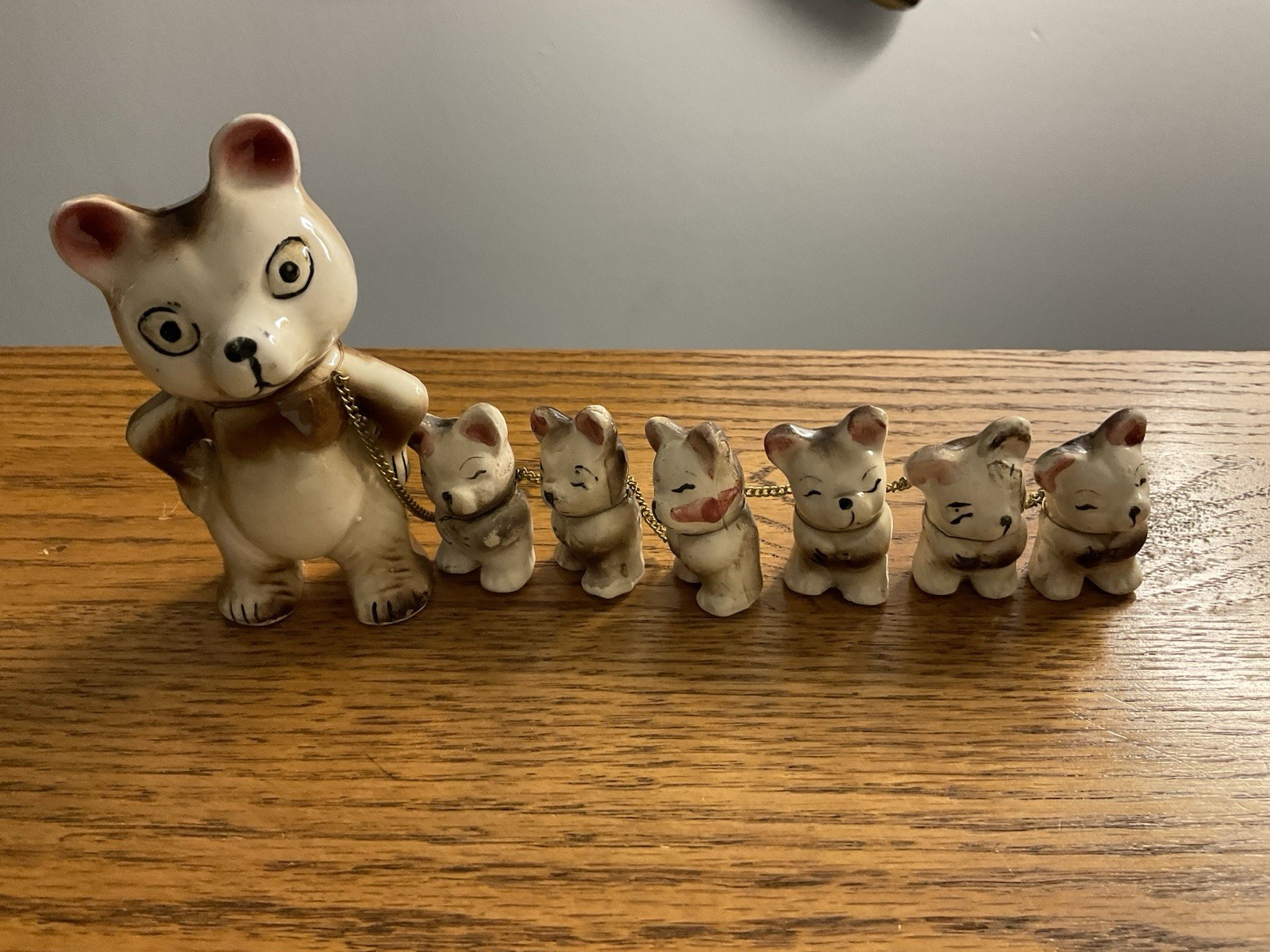 Vintage Mama Mommy Bear with SIX Cubs Baby Bears Chained Porcelain Figurines