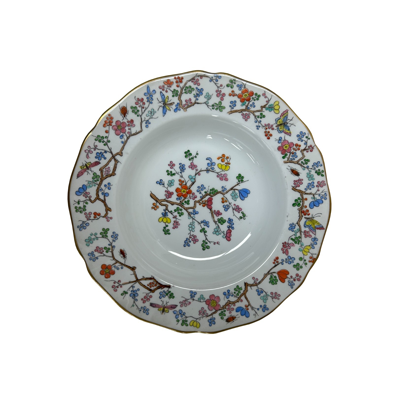 Handpainted Flower Butterflies Round Scalloped Edge Shape Porcelain Plate GB233S
