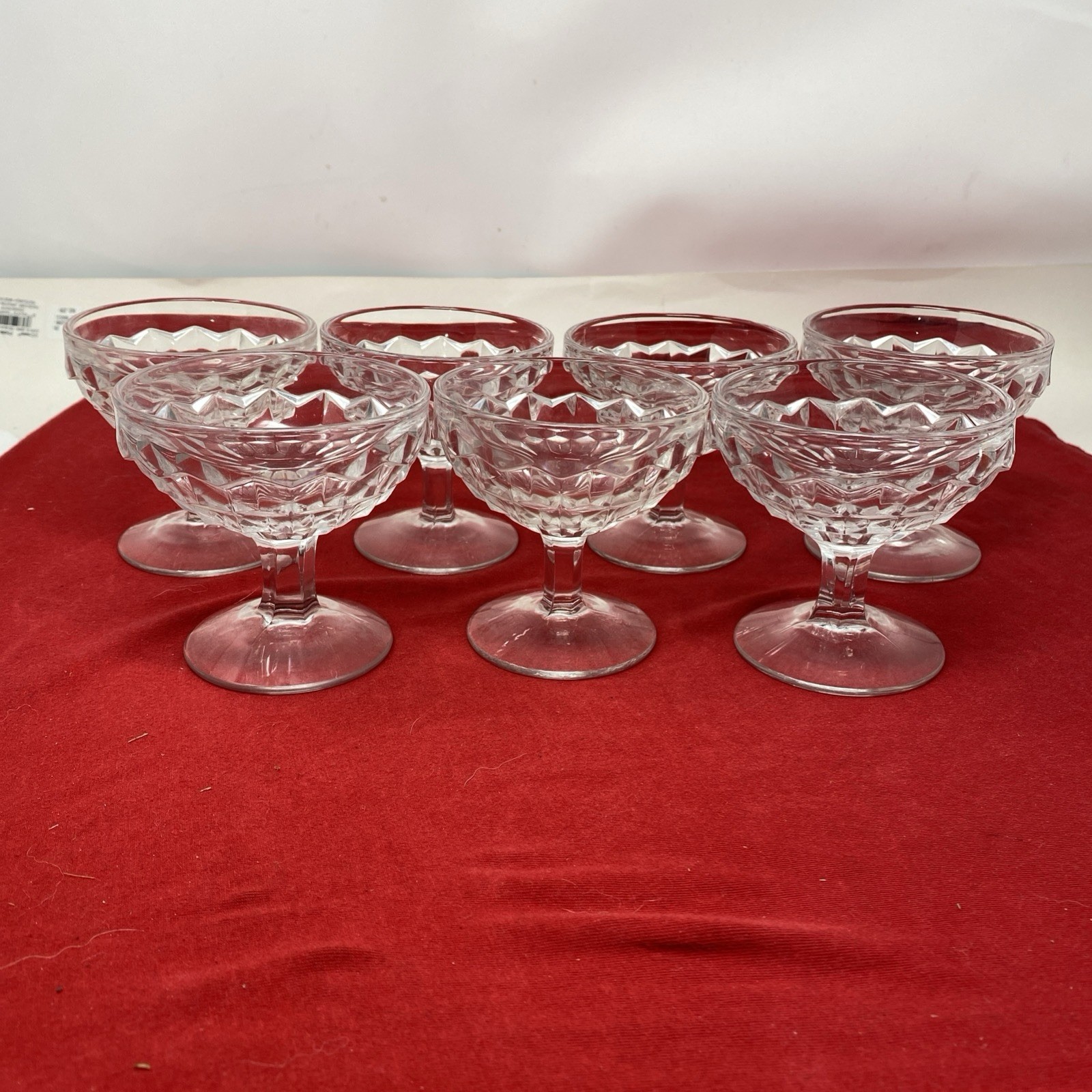 Set of 7 Fostoria American Clear Hexagonal Stem (2056) Low Sherbet Glasses 3.5”