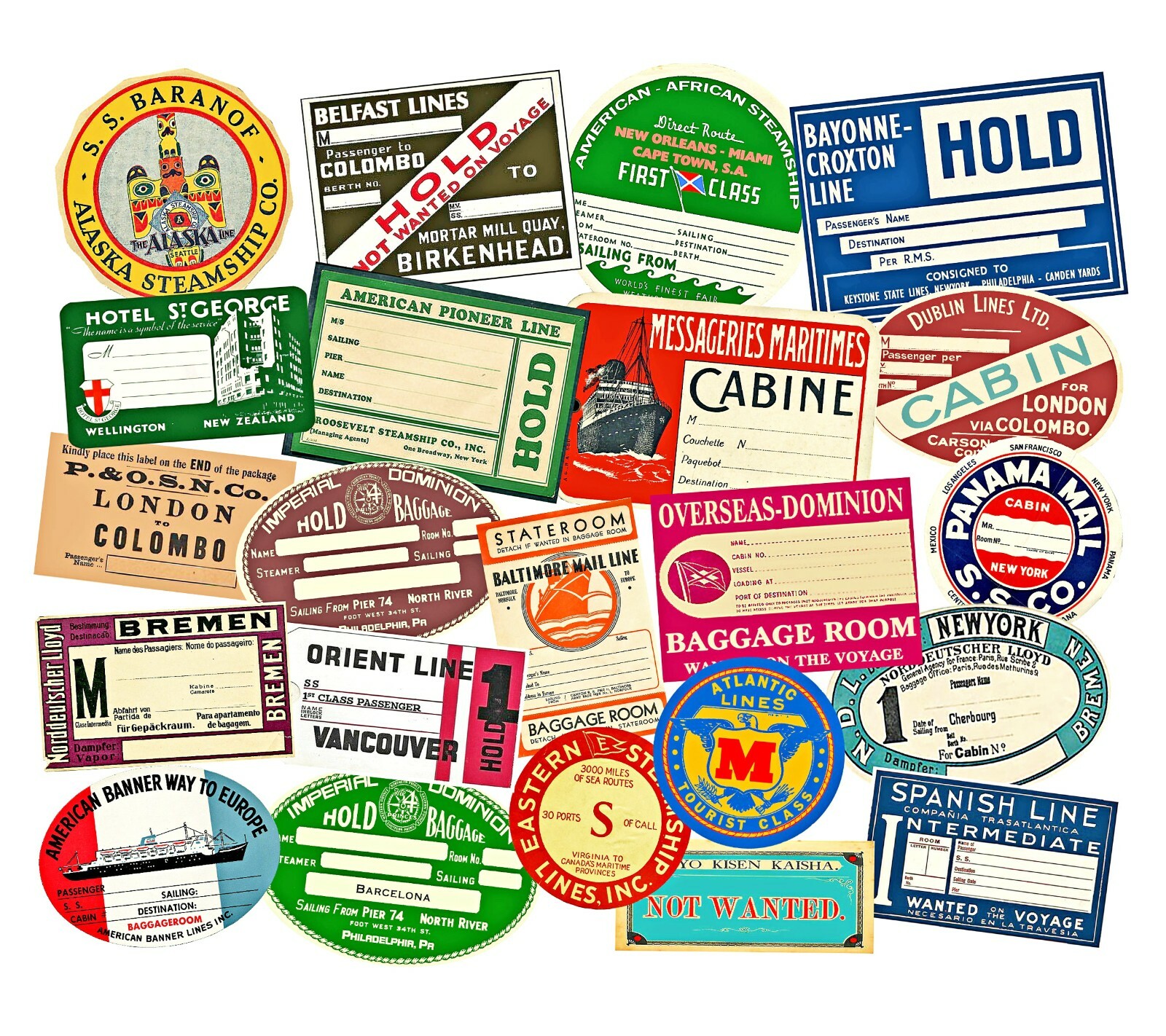 Steamship & Luggage Labels Stickers, 2 CUT & PEEL Sheets, REPRODUCTIONS