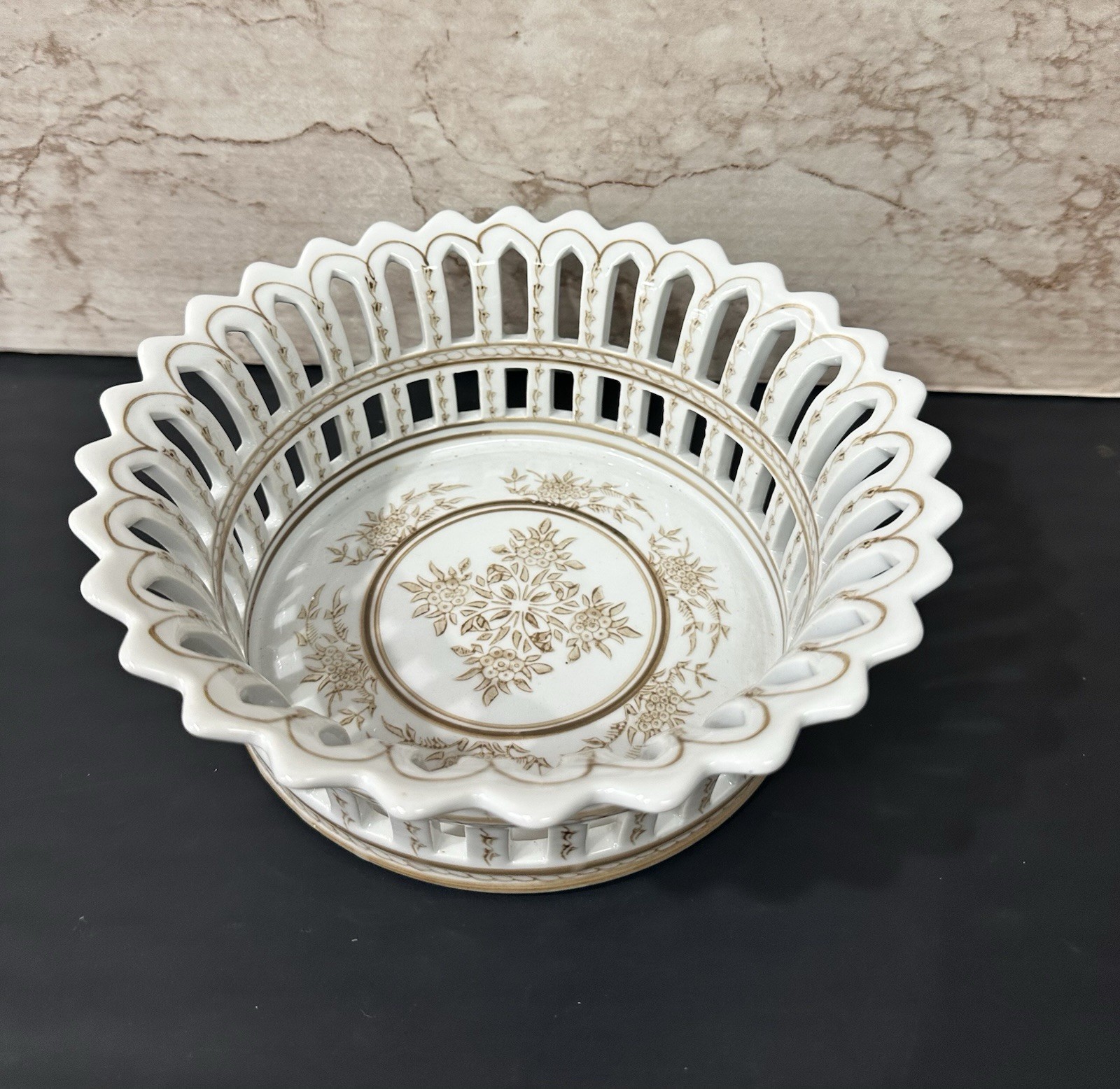 VTG Spanish Porcelain Centerpiece Bowl Reticulated Design & Gilded Floral Motif