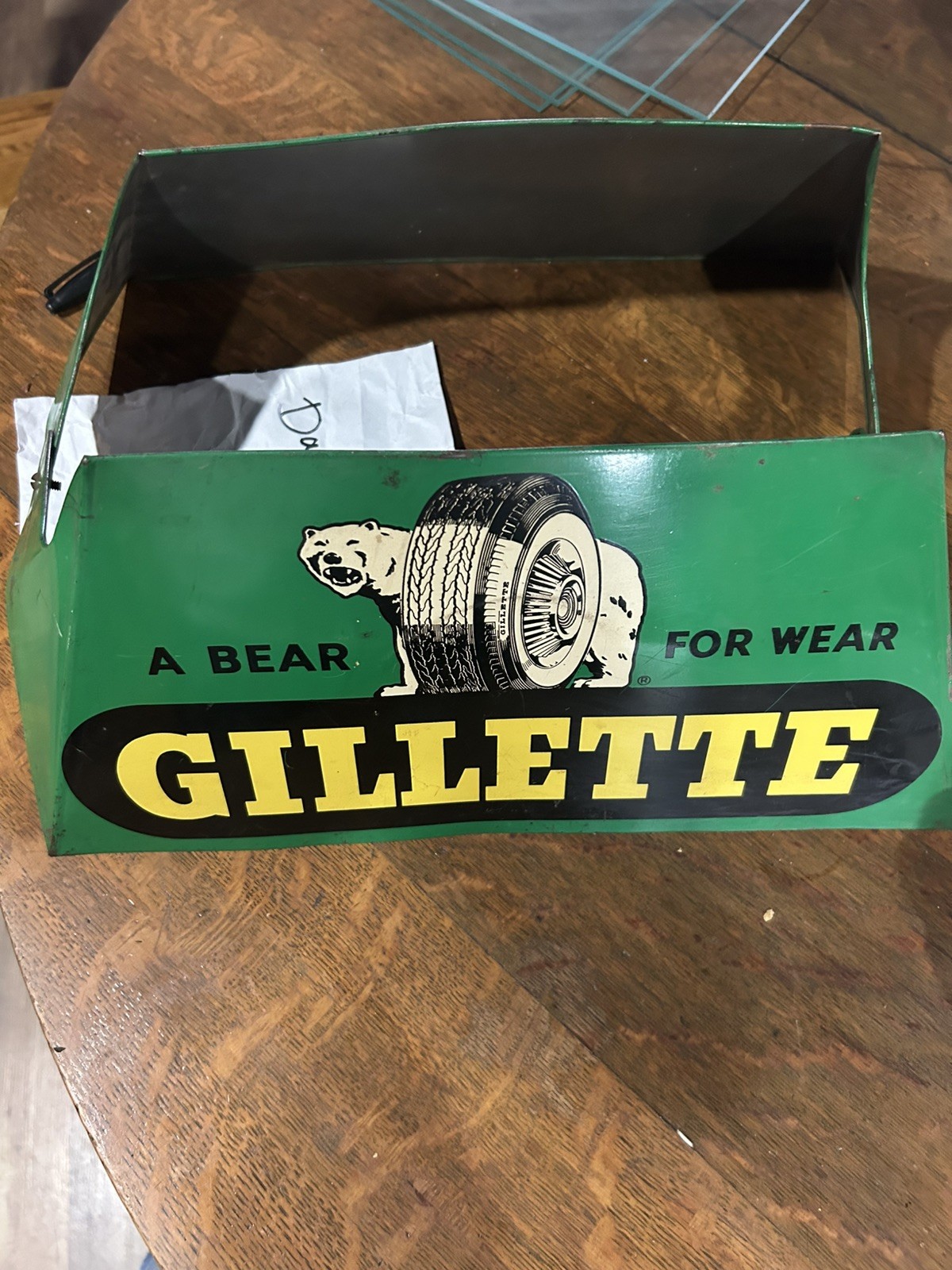 Antique Gillette Tire holder. A Bear For Wear Vintage Advertising Sign. Display