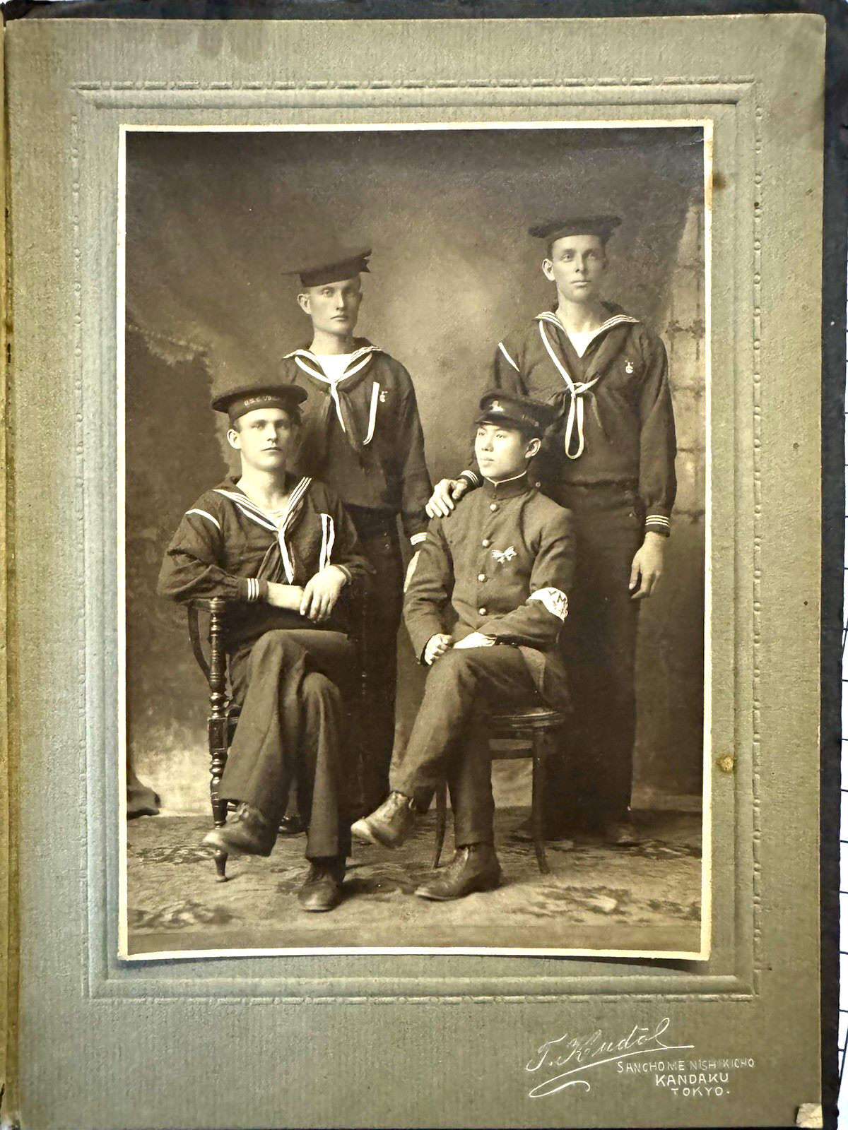 RARE Antique T. Kudol Matted B&W Portrait US & Japan Navy Men Militaria BC-L