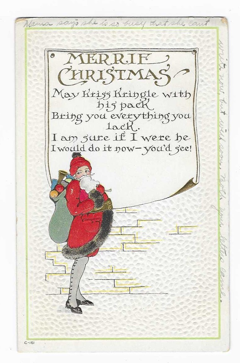 Antique Postcard Merrie Christmas Kris Kringle Embossed Santa Litho C 161