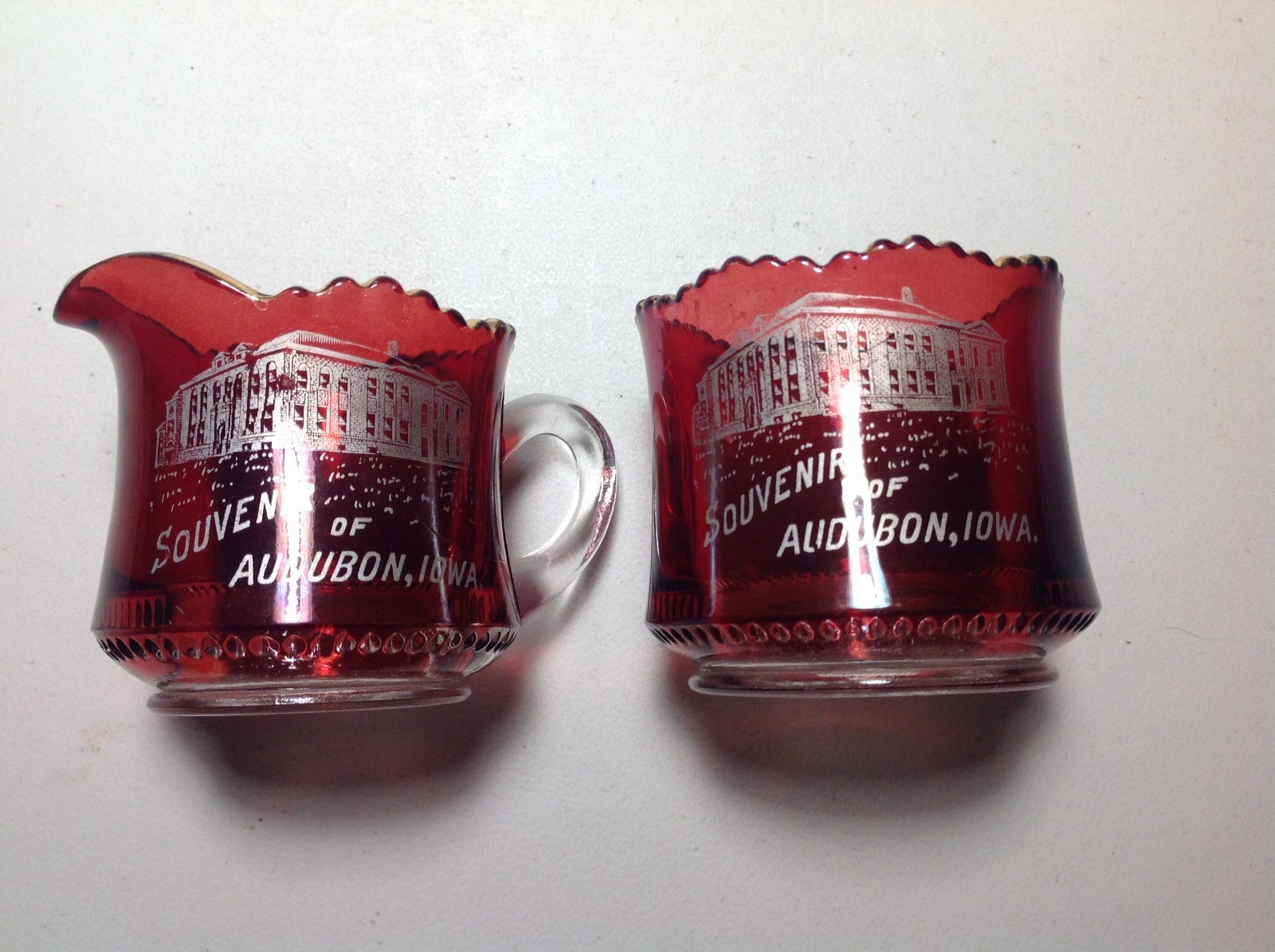 Ruby Flashed Pitcher & Sugar Bowl-Souvenir of AUDUBON IOWA-Excellent Condition