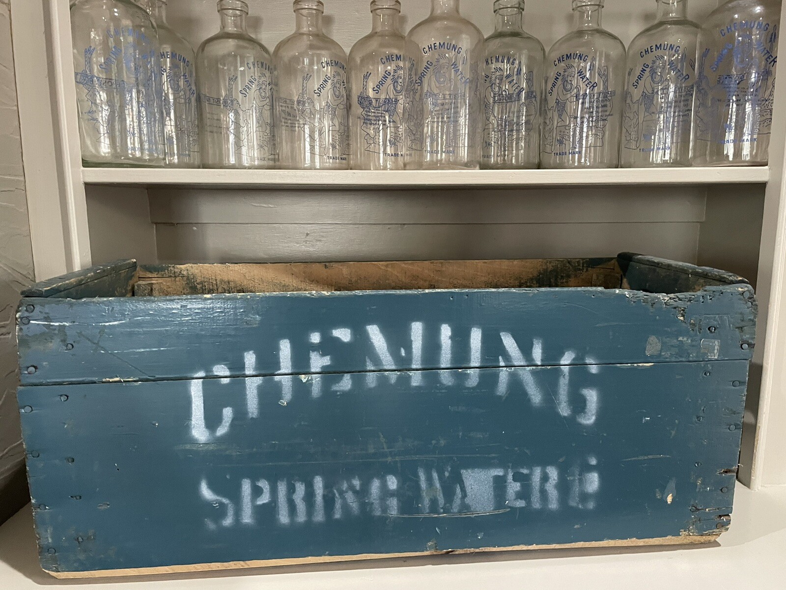 Antique Chemung Spring Water Bottles & Wooden Crate With 10 Bottles Advertising Antique Chemung Spring Water Bottles & Wooden Crate With 10 Bottles Advertising