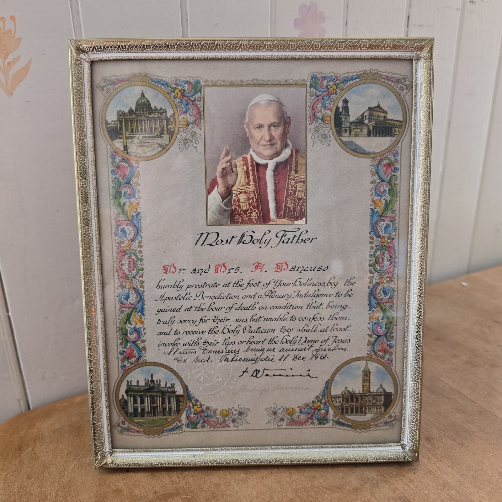 1961 Framed Plenary Indulgence Signed By Pope John XXIII Ornate Most Holyfather