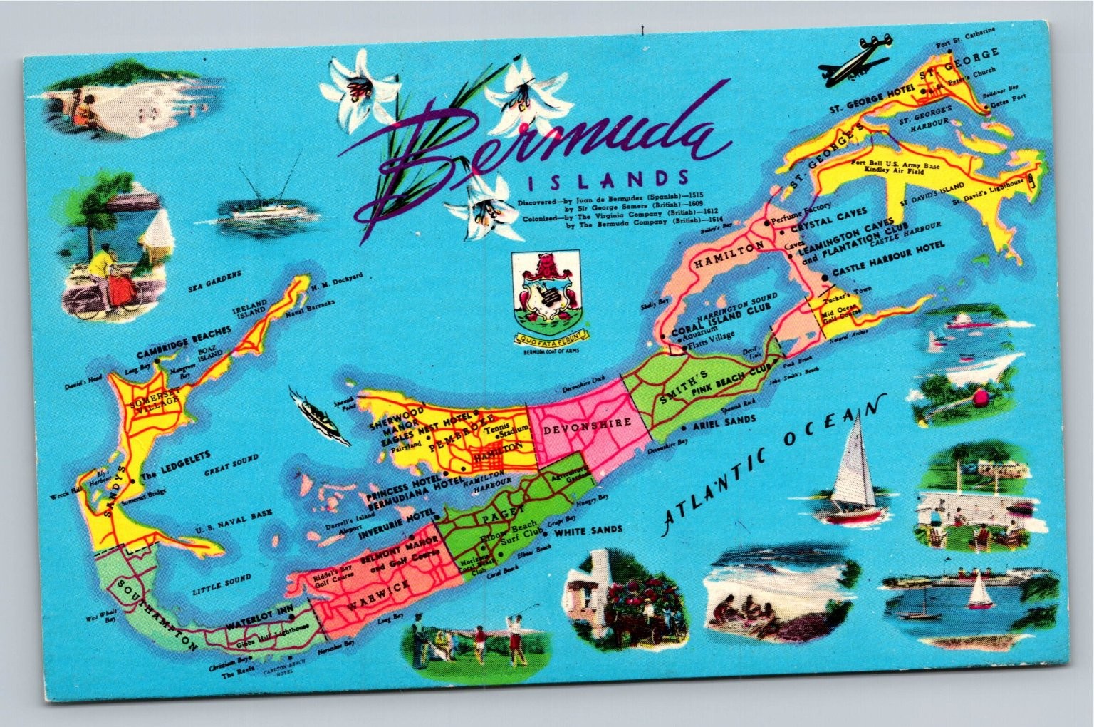 Vintage Bermuda Islands Pictorial Map Postcard - Tropic Traders K-16584
