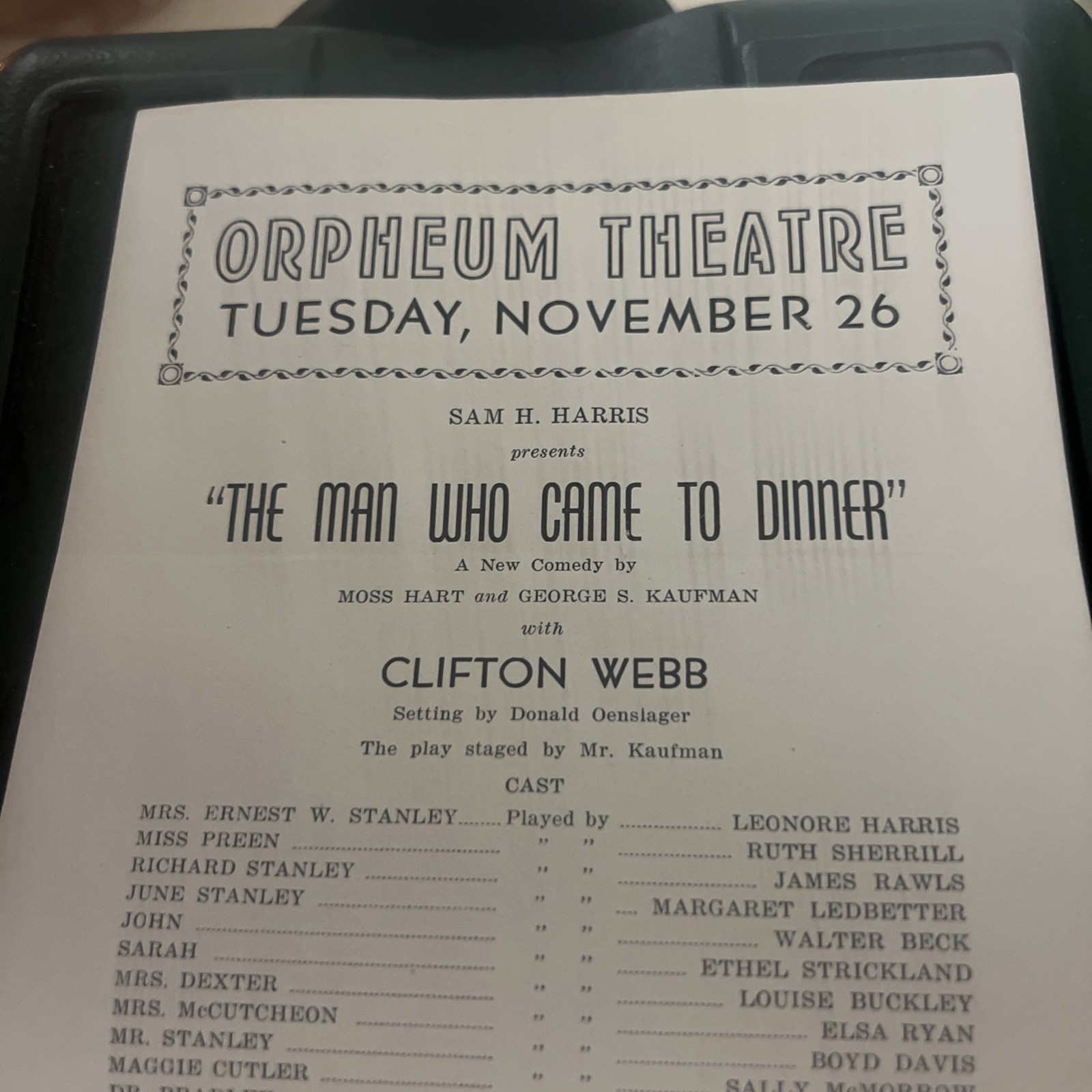 Orpheum Theater  Program The Man Who Cam To Dinner Brochure