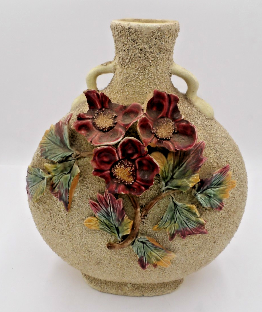 19th Century Sand-Glazed Majolica Pillow Vase Barbotine Rose & Leaves CHIPPED