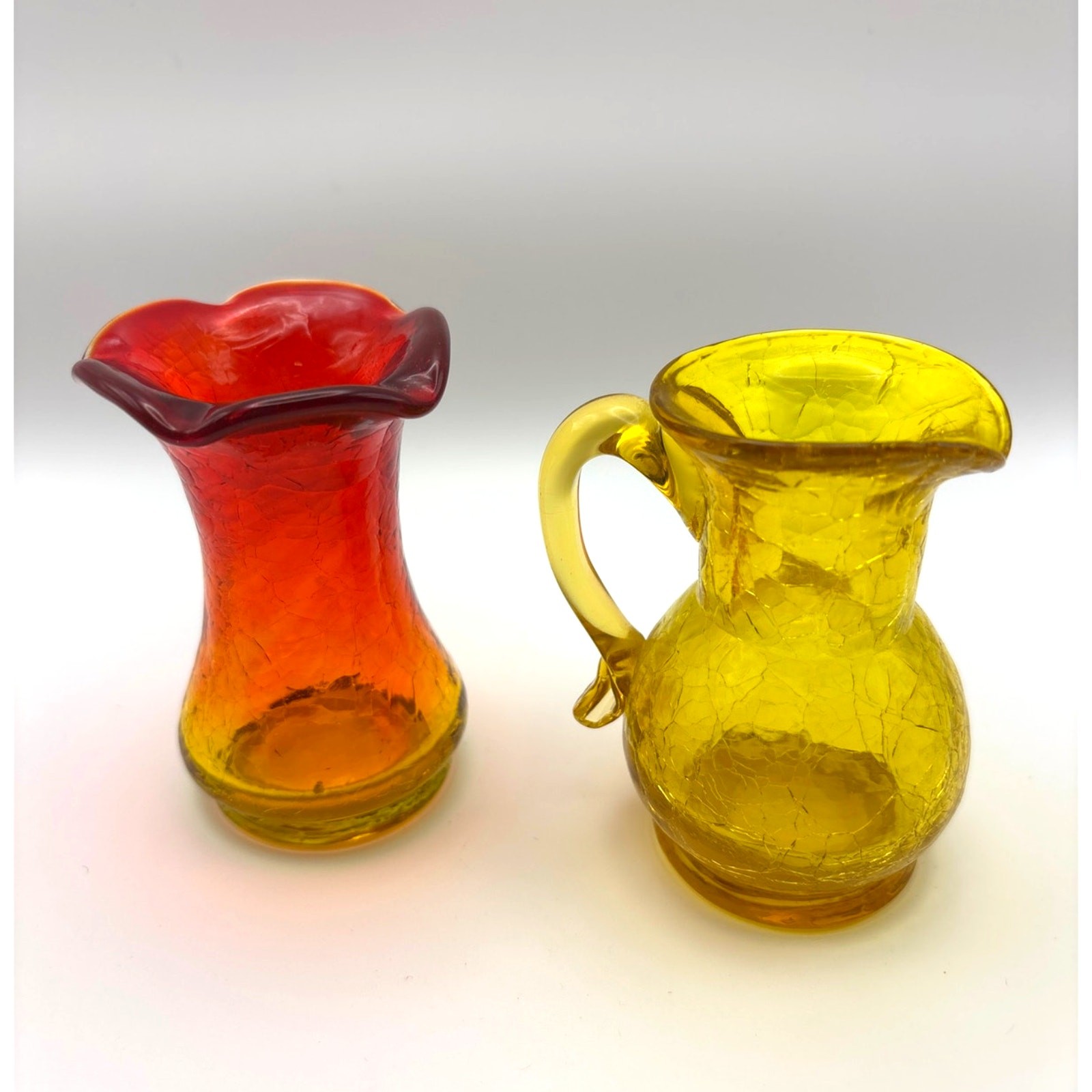 Vintage Amberina Crackle Glass Mini Bud Vase w/ Yellow Mini Pitcher Art Glass