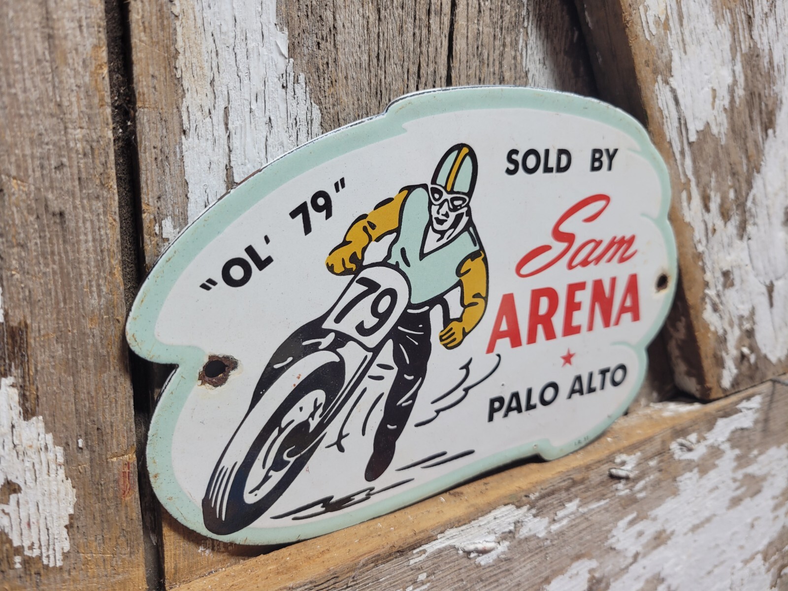 VINTAGE SAM ARENA PORCELAIN SIGN OLD MOTORCYCLE RACING PALO ALTO CA HARLEY BIKER