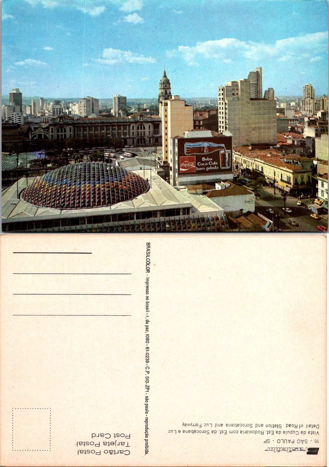 Vintage Sao Paulo Brazil Postcard Brasilcolor Cityscape Dome Coca Cola Unposted