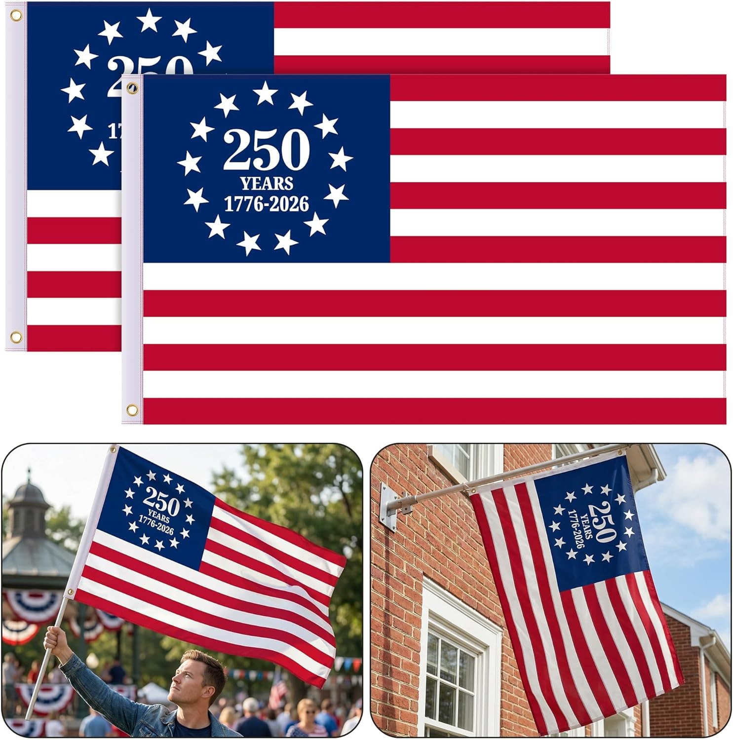 EBaokuup 2 Pcs USA 250th Anniversary Flag, 3 x 5 Ft Double-Sided 1776-2026 Patri EBaokuup 2 Pcs USA 250th Anniversary Flag, 3 x 5 Ft Double-Sided 1776-2026 Patri