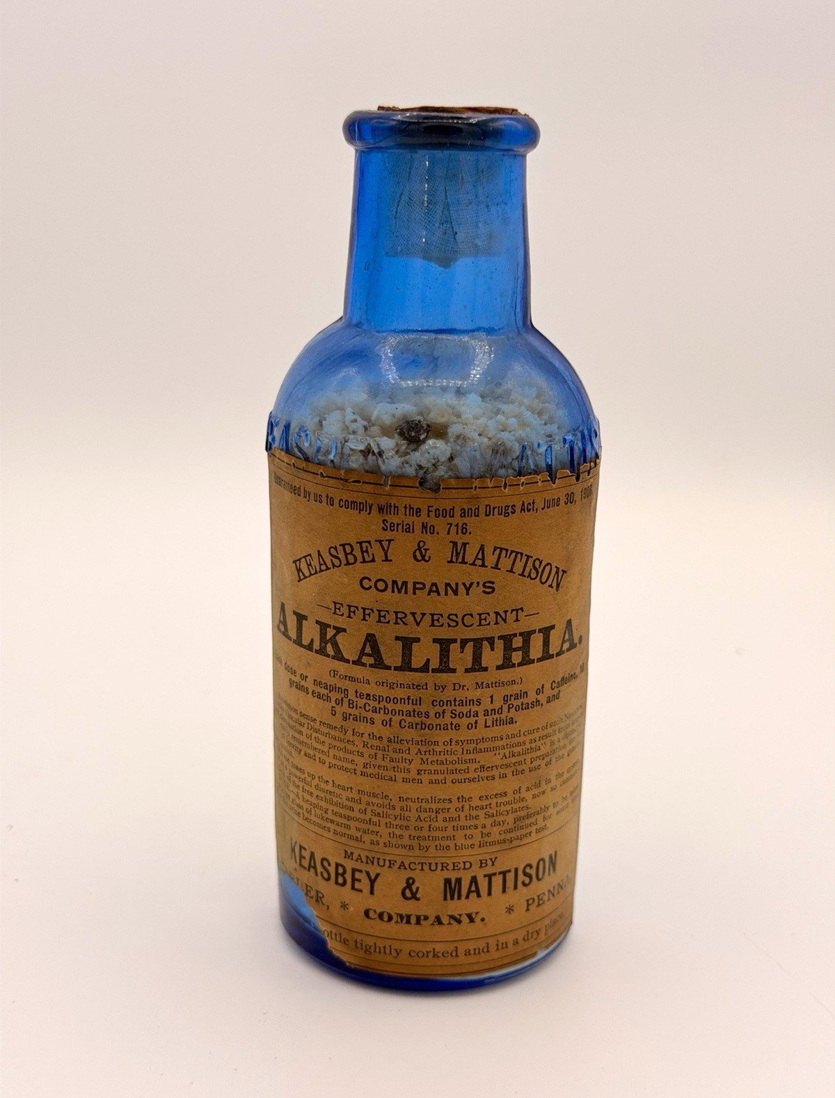 Antique Keasbey Mattison Alkalithia Cobalt Blue Medicine Bottle Label c1906