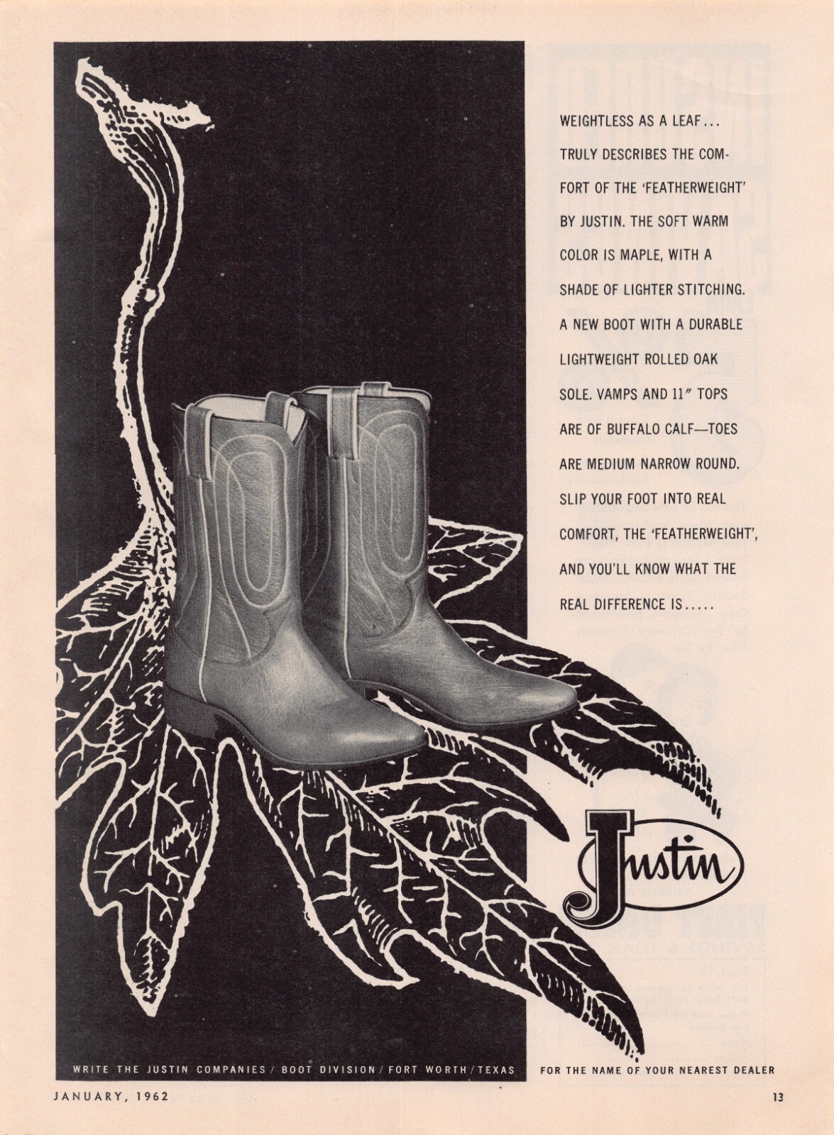 Justin Western Wear Cowboy Boot Horse Gear Fort Worth TX Vtg Magazine Print Ad