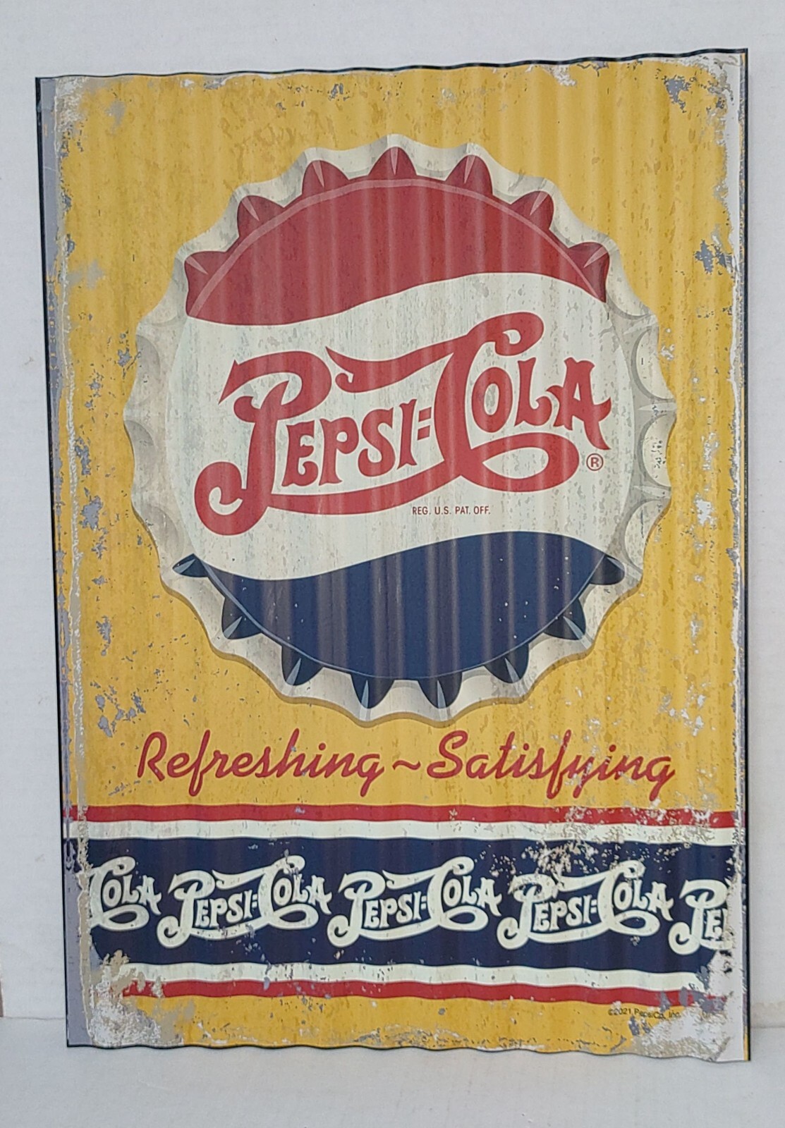 Pepsi Cola Soda Bottle Cap Refreshing Satisfying Corrugated Metal Sign