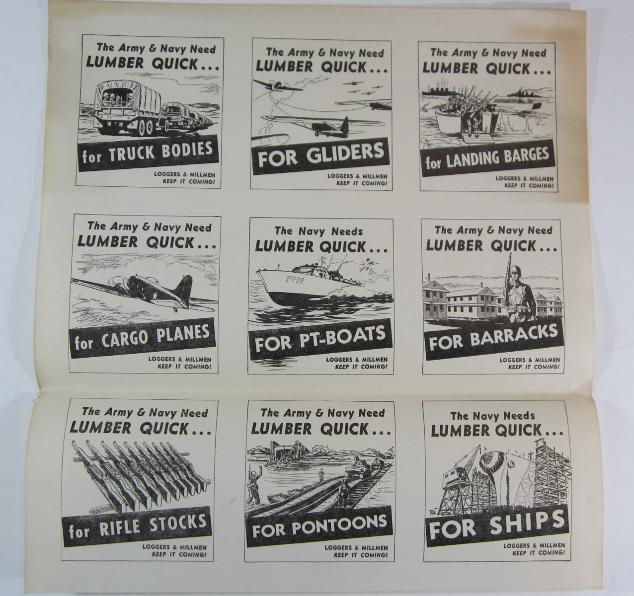 WWII 1943 U.S. Army Navy Lumber Quick Propaganda Foldout 9 Designs Loggers