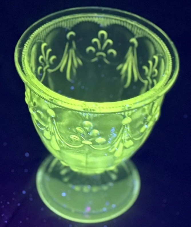 TESTED EAPG Clear Uranium Glass Fleur-de-Lis Goblet 395nm UV