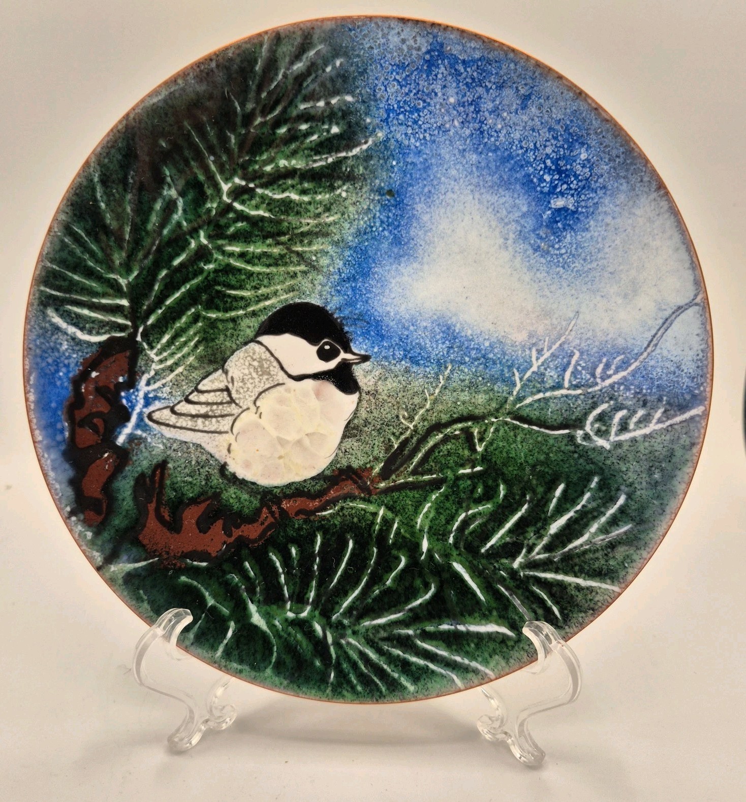 VTG Norman Brumm Enamel on Copper Plate Chickadee Bird Pine Tree Winter 7\