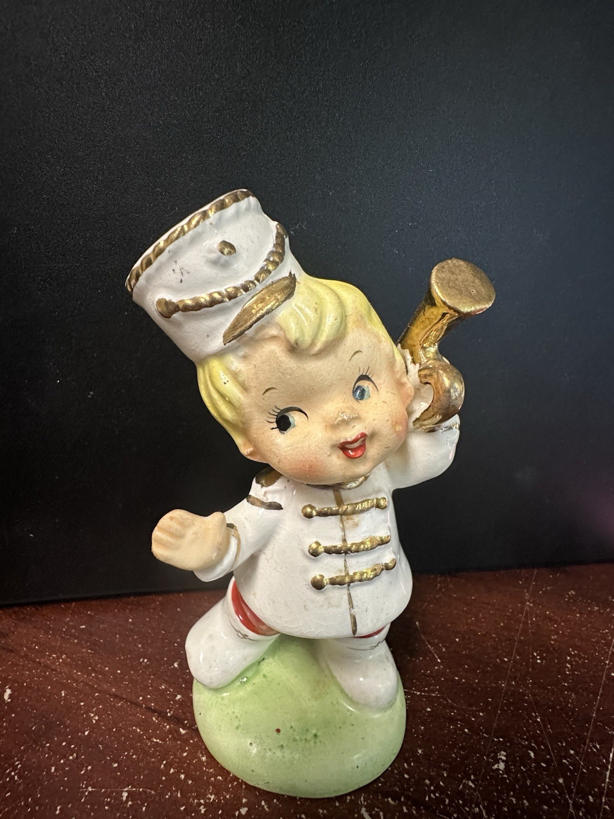Vintage Japan Ceramic Boy Band Leader Figurine w/ Horn, 1955, 5 in