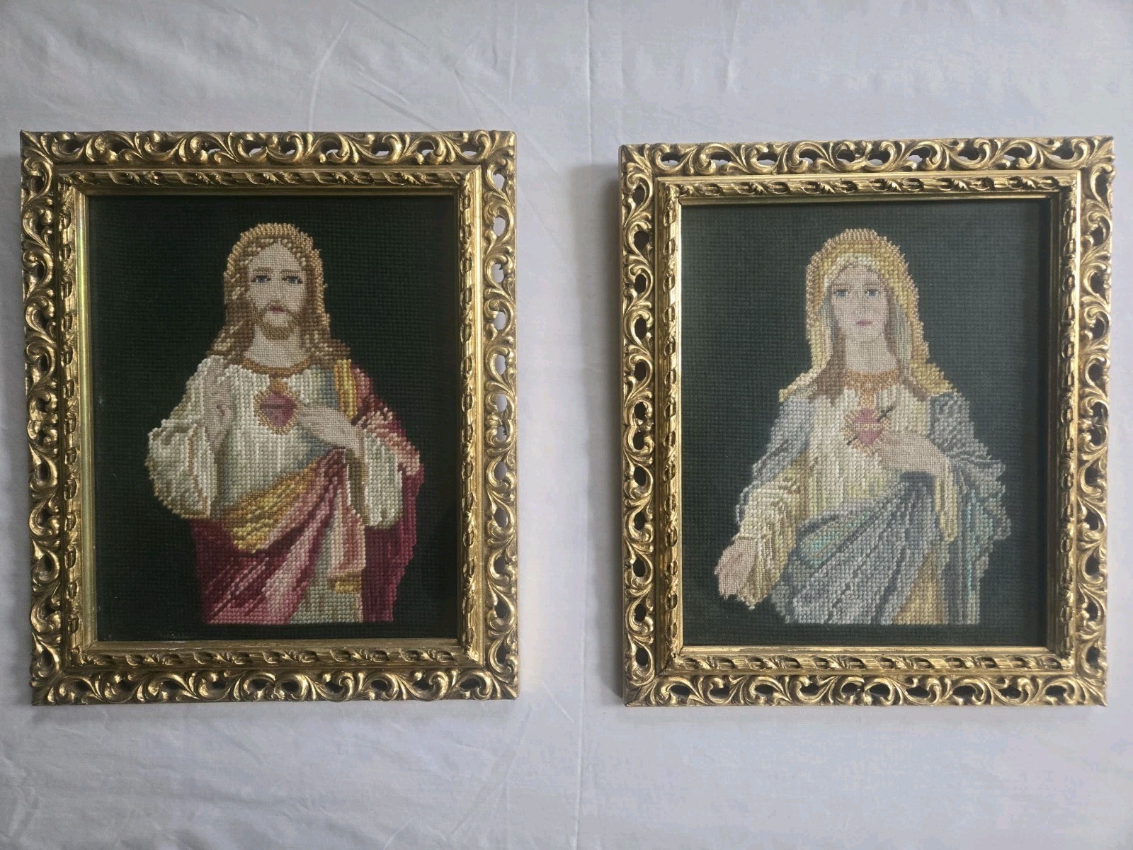 Needlepoint Antique Sacred Heart And Immaculate Heart Of Mary, JESUS framed