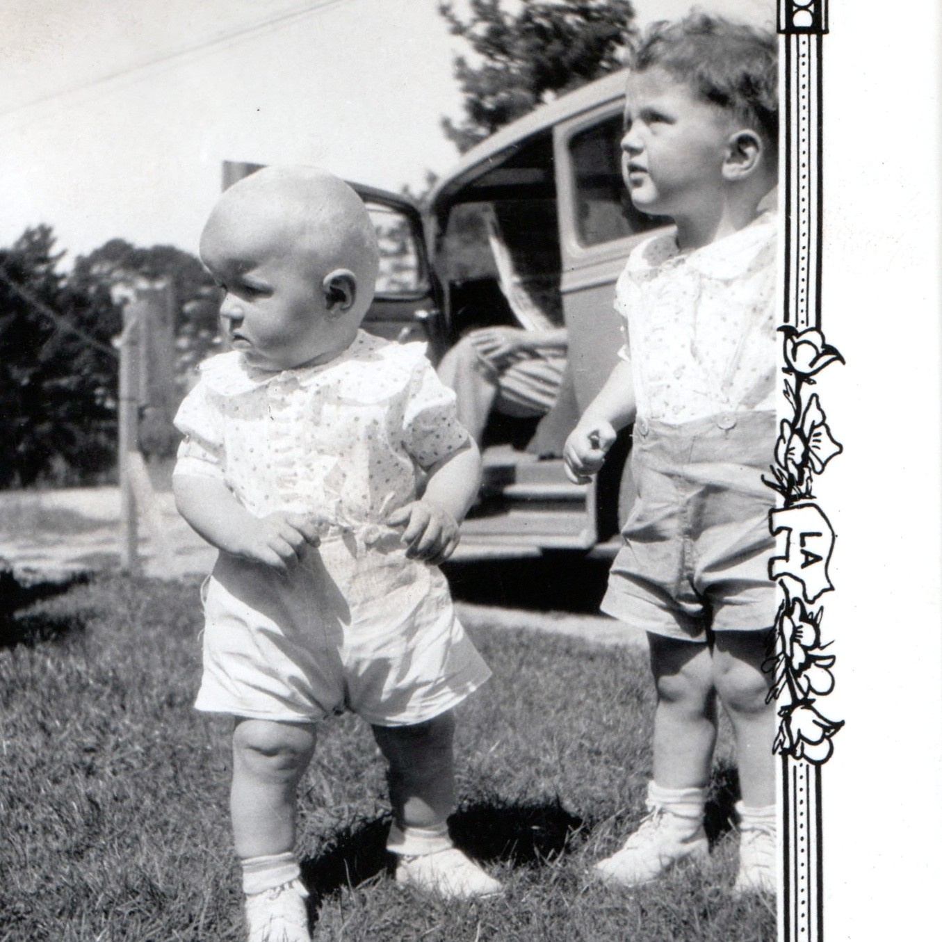 c1930s Toddler Baby Boy Car Snapshot Photo Art Deco Border Romper Shoes Lawn Vtg