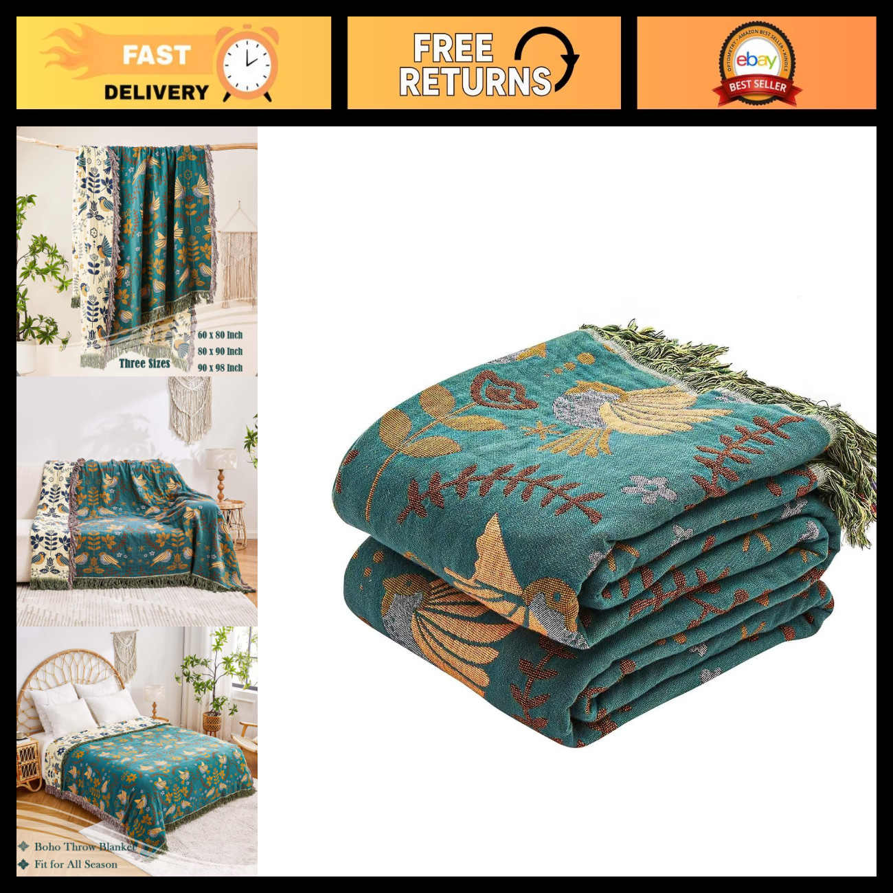 XIBLC Boho Throw Blanket, 100% Cotton Ultra Soft Luxury Throw Rustic Quilt, 50