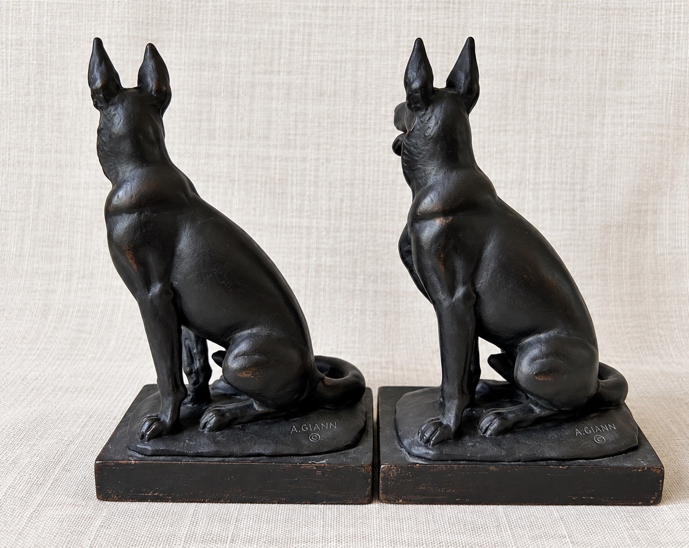 Antique 1920s Paul Herzel Signed Pompeian Bronze Clad German Shepherd Bookends