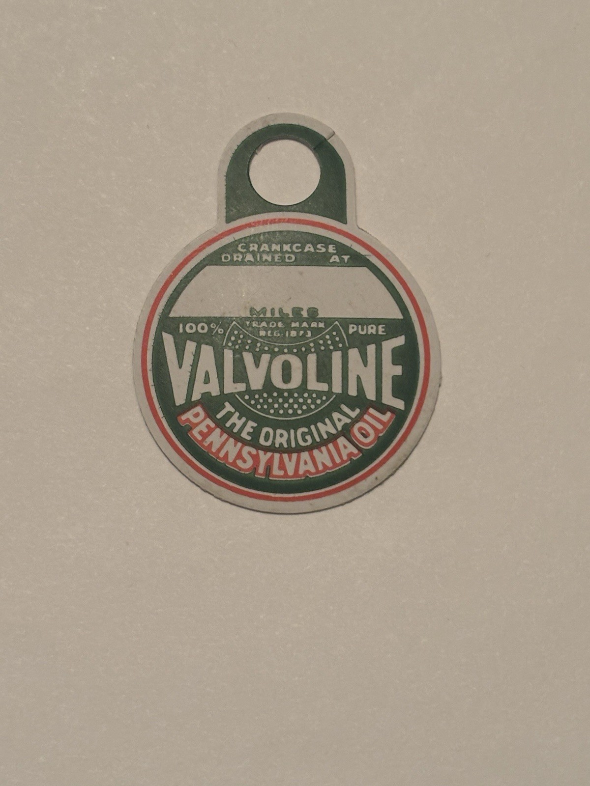 RARE Original Valvoline Oil Company Motor Oil Change Tag RARE Original Valvoline Oil Company Motor Oil Change Tag
