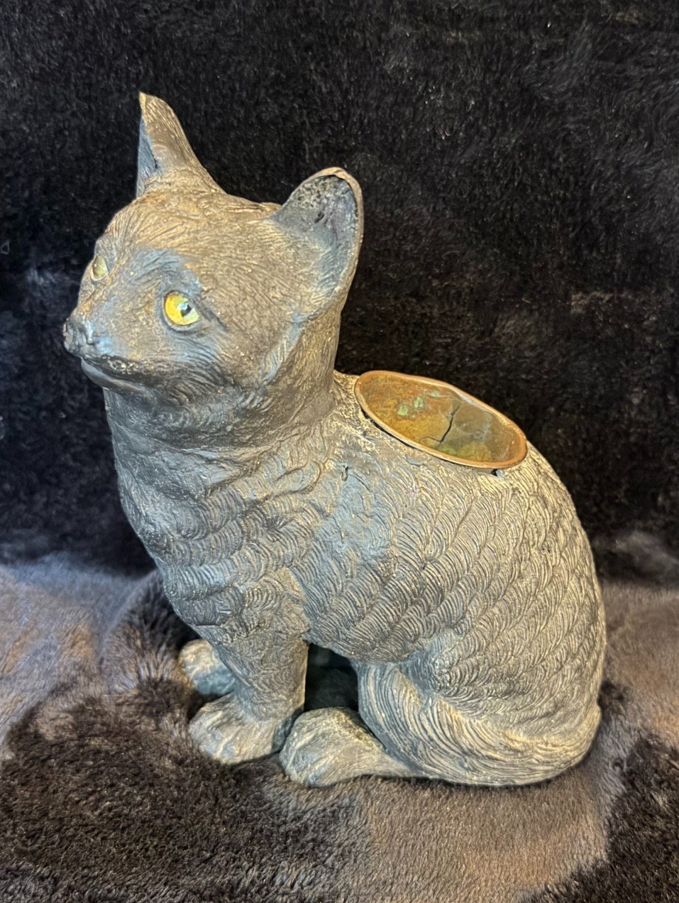 Antique German Spelter Metal Cat Figurine Inkwell Match Holder Desk Tobacciana