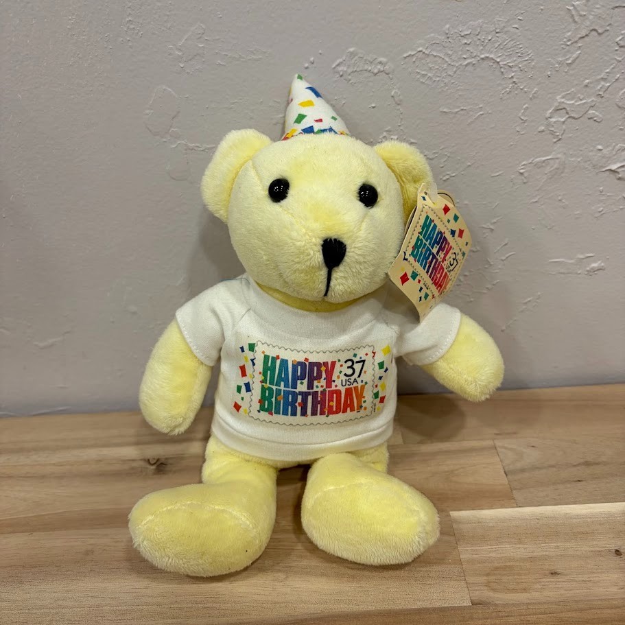 Happy Birthday Bear 37 cent Postal Stamp Plush Yellow 10” T Shirt Bear