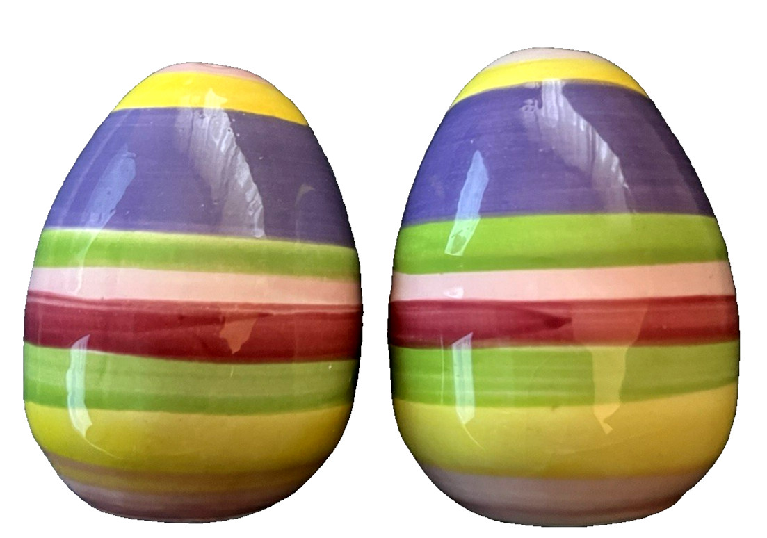 Pastel Easter Egg Salt & Pepper Shakers Yellow/Purple/Green Ceramic 2.5” Tall