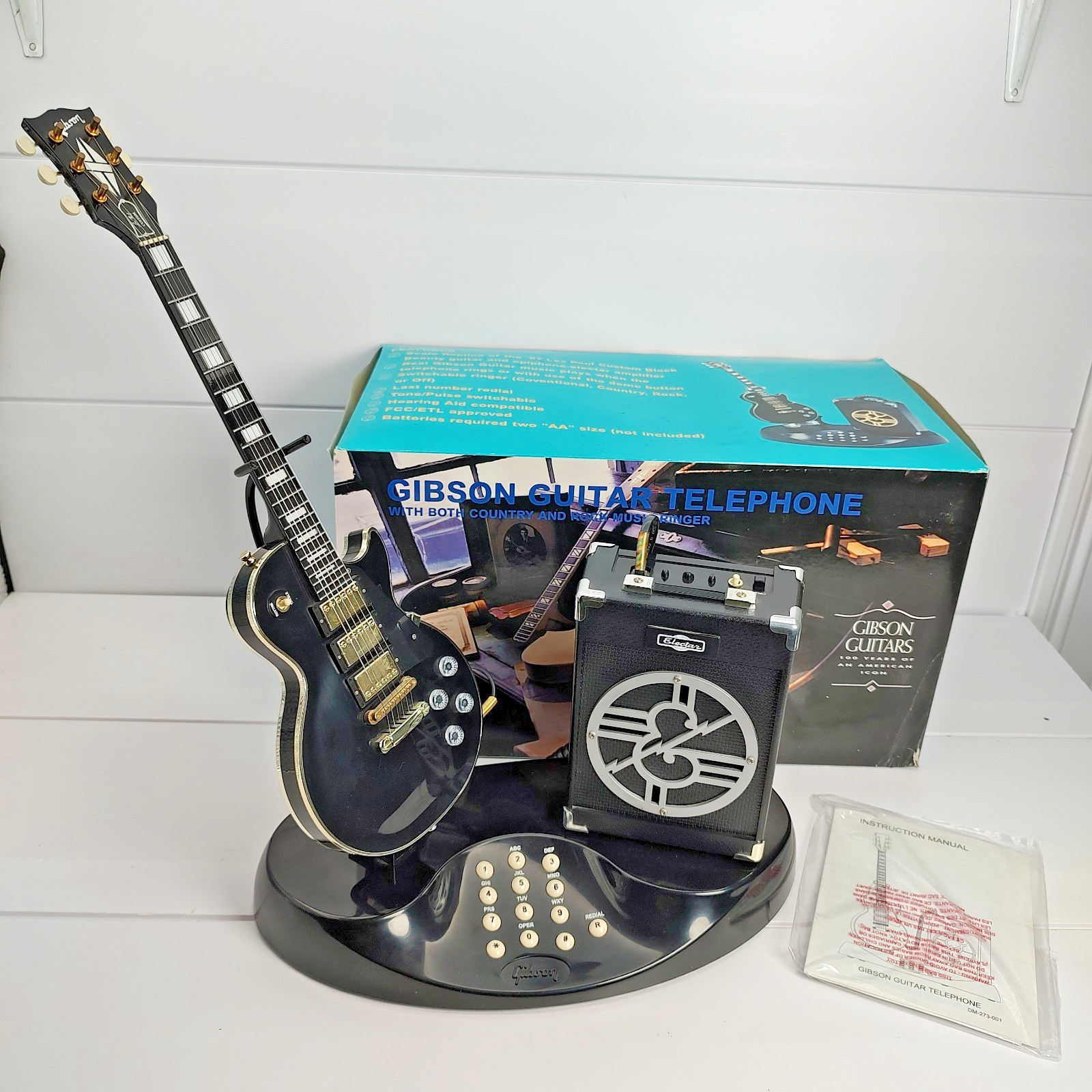Vintage Telemania Black Gibson Les Paul Custom Guitar & Amp Telephone w Box
