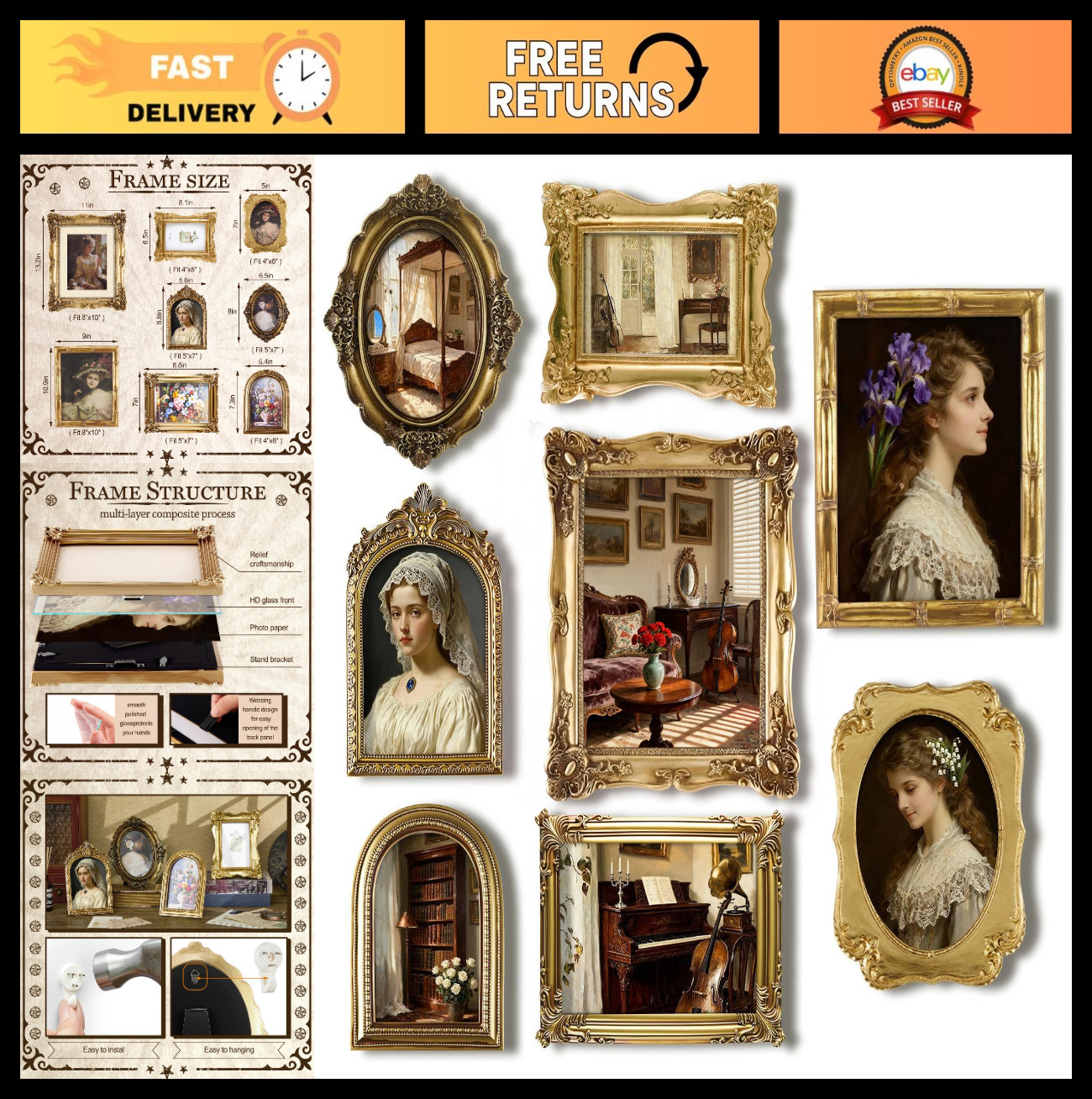 8 Pcs Vintage Picture Frames Set - Antique Gold Resin, Gallery Wall Decor, Assor