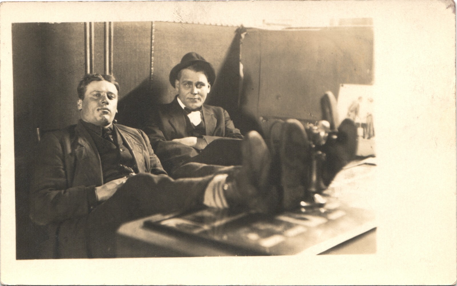 GREAT SHOT TWO BUDDIES real photo postcard c1910 FUNNY CANDID POSE RPPC train