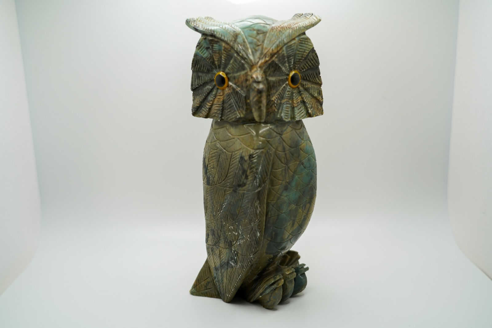 Vintage Carved Jasper OWL Statue Yellow Eyes 8.25