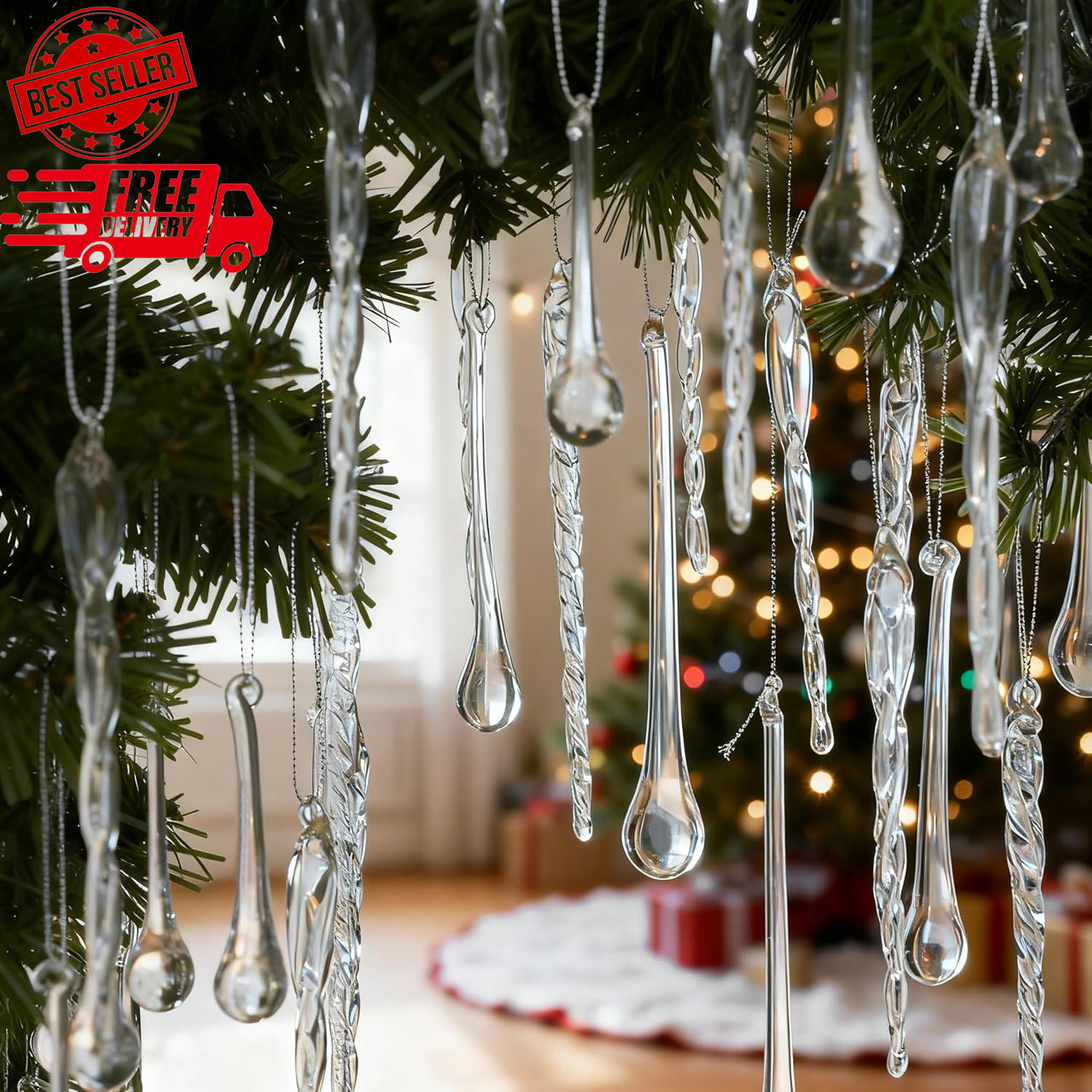 64 Pcs Handmade Glass Icicle & Teardrop Christmas Ornaments, Crystal Decor