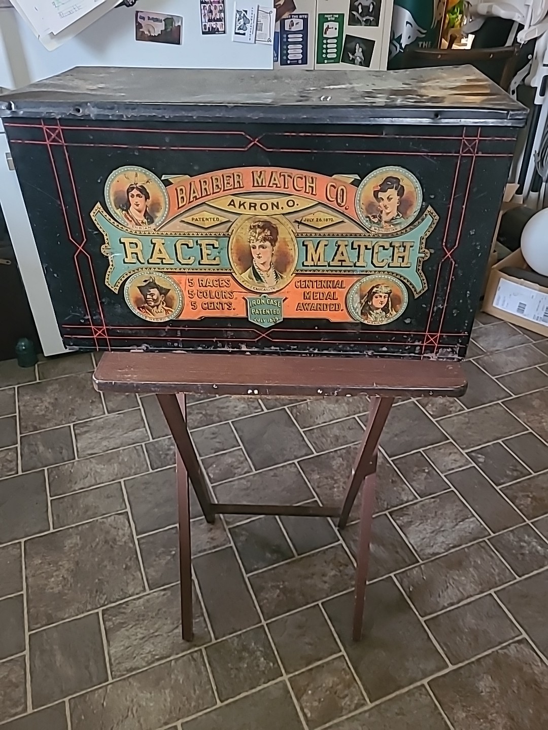 1879 Barber Match Co Race Match Indian Lithographic General Store Tin Akron, OH